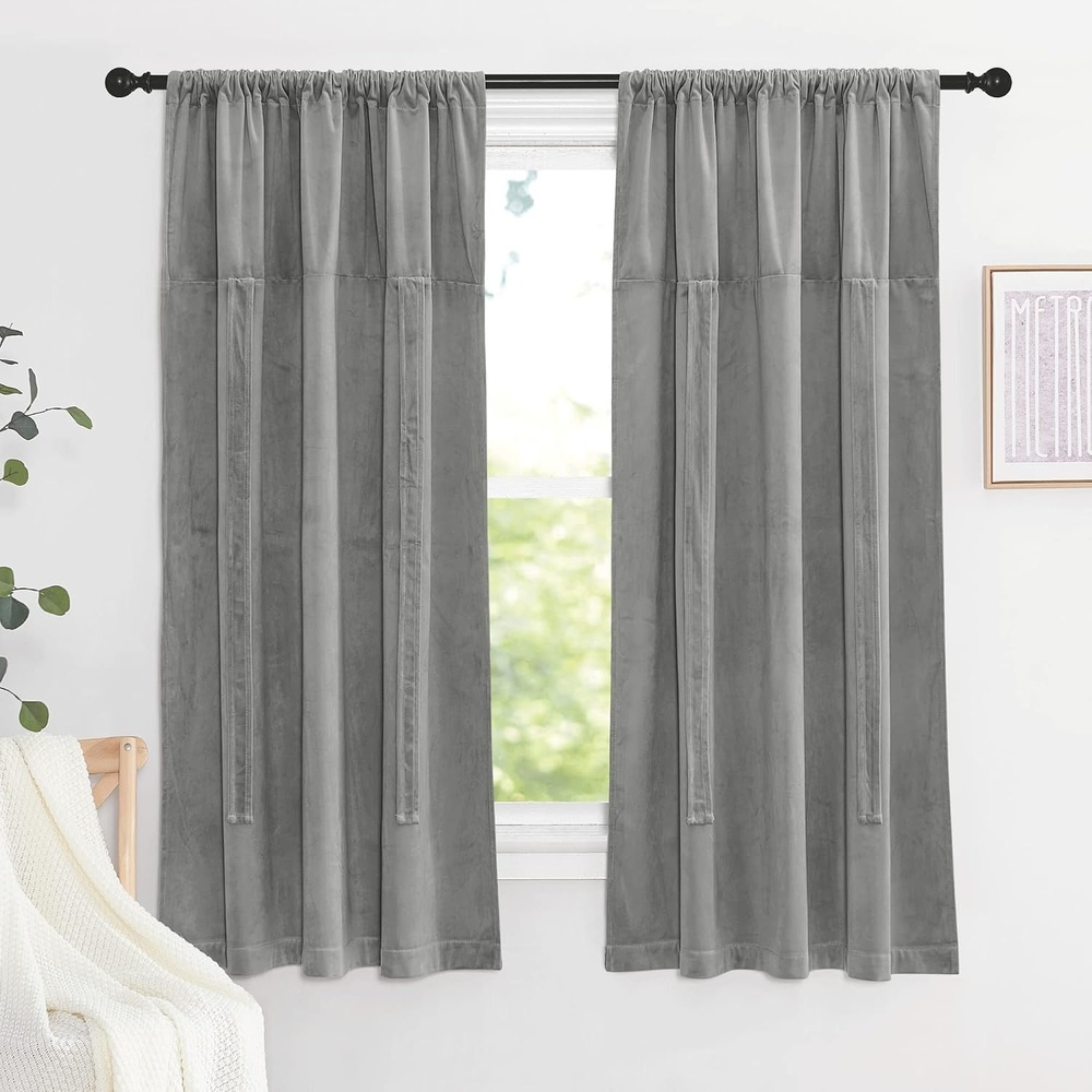 image:imageNICETOWN Thermal Insulated Blackout Short Curtain  Bathroom Curtain Gray Tie Up Shade for Small Window Window Valance Balloon Roman Blind Rod Pocket Panel 46 inches W x 63 inches LVelvet Silver Gray
