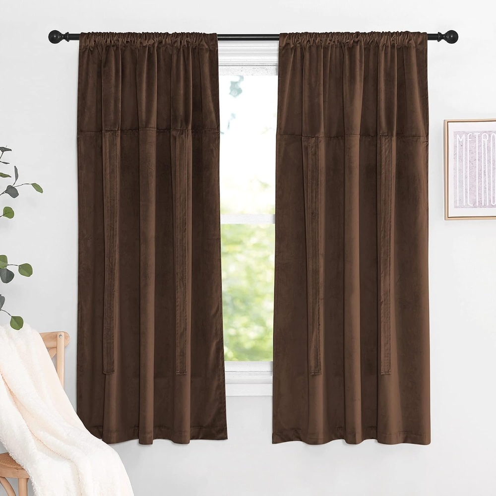 image:imageNICETOWN Thermal Insulated Blackout Short Curtain Bathroom Curtain Gray Tie Up Shade for Small Window Window Valance Balloon Roman Blind Rod Pocket Panel 46 inches W x 63 inches LVelvet Coffee Brown