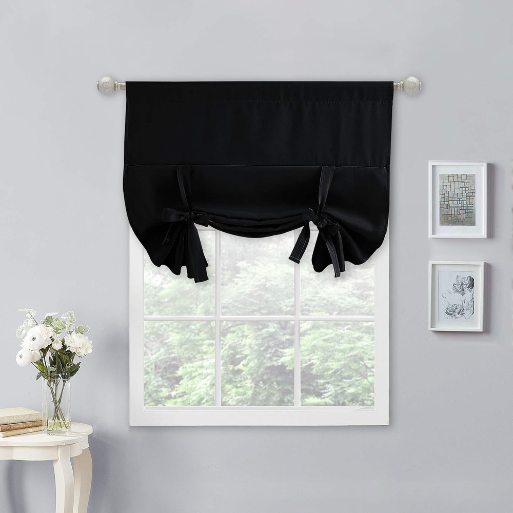 image:imageNICETOWN Thermal Insulated Blackout Short Curtain Bathroom Curtain Gray Tie Up Shade for Small Window Window Valance Balloon Roman Blind Rod Pocket Panel 46 inches W x 63 inches LBlack