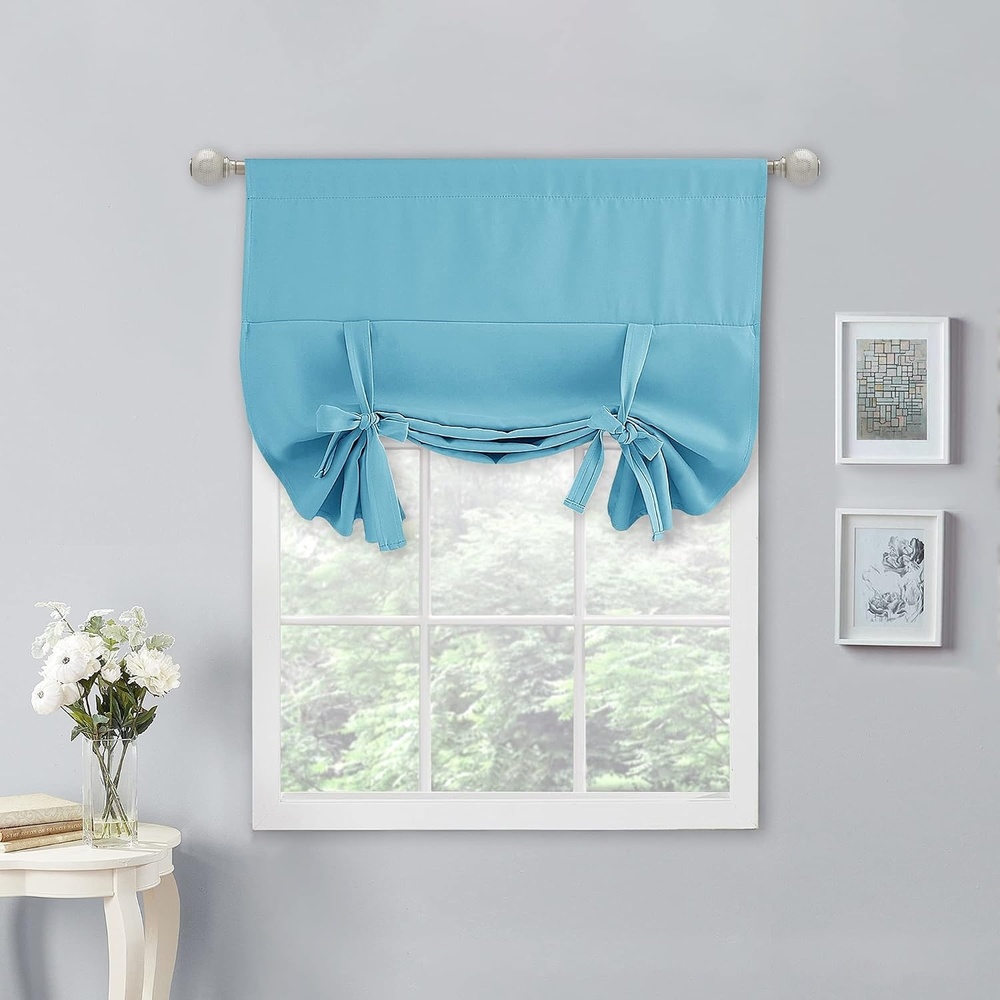 image:imageNICETOWN Thermal Insulated Blackout Short Curtain Bathroom Curtain Gray Tie Up Shade for Small Window Window Valance Balloon Roman Blind Rod Pocket Panel 46 inches W x 63 inches LTurquoise