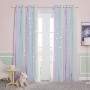NICETOWN Kids Room Decor Curtains for Girls Nursery, Star Cut Princess Room Design Curtains with Versatile Styling Options for Backdrops (Pink & Yellow & Green & Pink, Each is W52 x L84, Sold by 2)(Purple & Blue & Yellow)