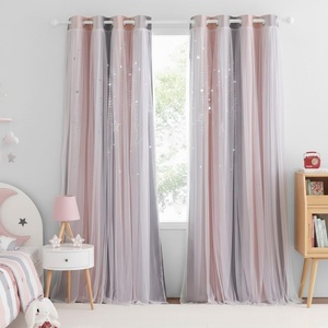 NICETOWN Kids Room Decor Curtains for Girls Nursery, Star Cut Princess Room Design Curtains with Versatile Styling Options for Backdrops (Pink & Yellow & Green & Pink, Each is W52 x L84, Sold by 2)(Moon Star | Pink & Grey)