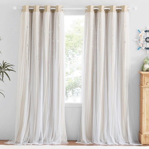 NICETOWN Kids Room Decor Curtains for Girls Nursery, Star Cut Princess Room Design Curtains with Versatile Styling Options for Backdrops (Pink & Yellow & Green & Pink, Each is W52 x L84, Sold by 2)(Moon Star | Biscotti Beige)