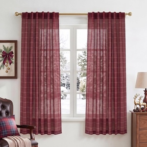 NICETOWN Taupe Plaid Print Linen Gingham Curtains 96 inches Long(Diagonal Check | Burgundy Red)