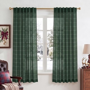 NICETOWN Taupe Plaid Print Linen Gingham Curtains 96 inches Long(Diagonal Check | Hunter Green)