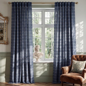 NICETOWN Taupe Plaid Print Linen Gingham Curtains 96 inches Long(Grid Pattern | Navy Blue)