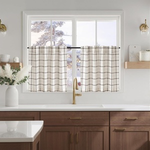 NICETOWN Taupe Plaid Print Linen Gingham Curtains 96 inches Long(Grid Pattern | White)