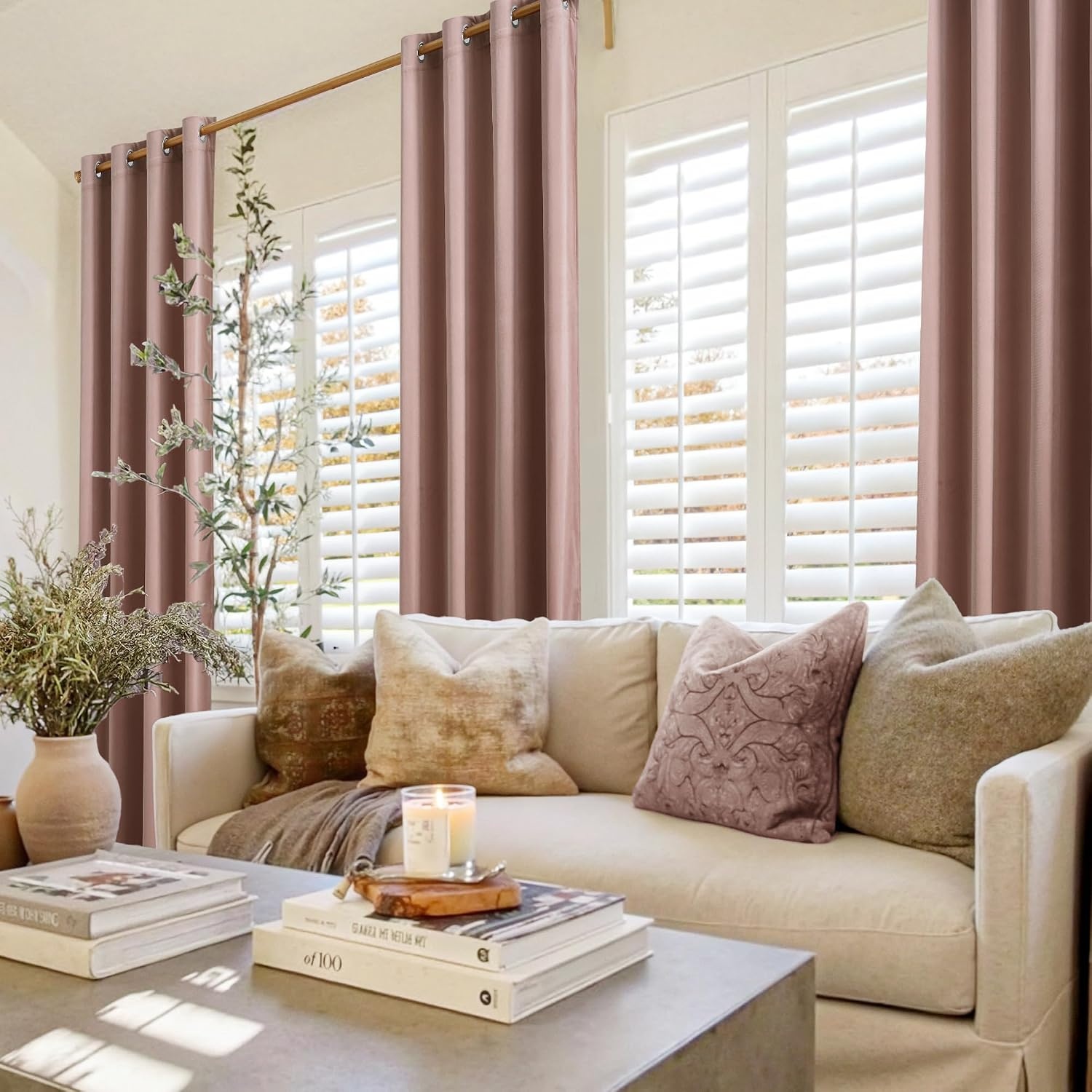 image:imageNICETOWN Gold Brown 90 inch Long Velvet Curtains amp Drapes 2 PanelsDusty Pink