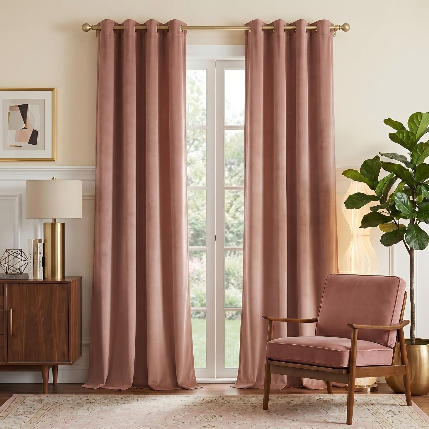 image:imageNICETOWN Gold Brown 90 inch Long Velvet Curtains amp Drapes 2 PanelsDusty Pink