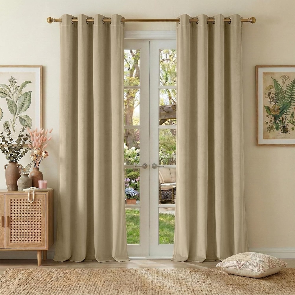 image:imageNICETOWN Gold Brown 90 inch Long Velvet Curtains amp Drapes 2 Panels100 Blackout Beige