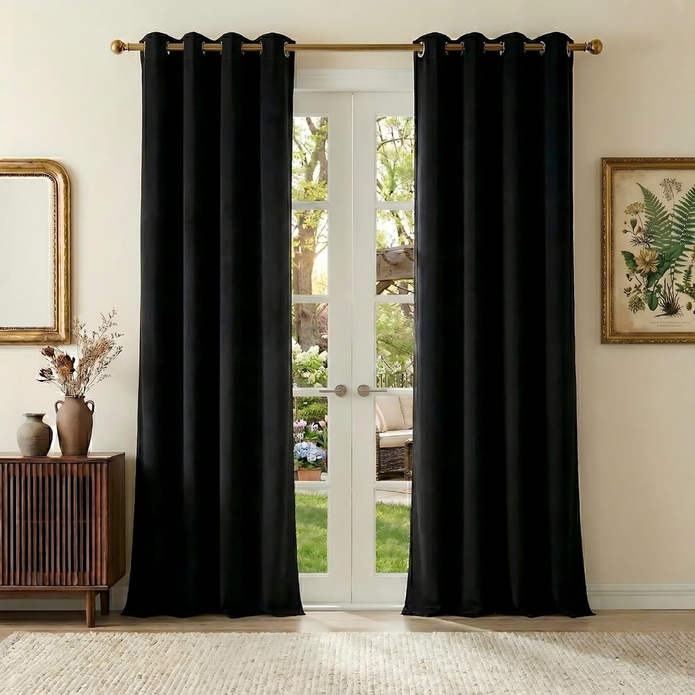image:imageNICETOWN Gold Brown 90 inch Long Velvet Curtains amp Drapes 2 Panels100 Blackout  Black