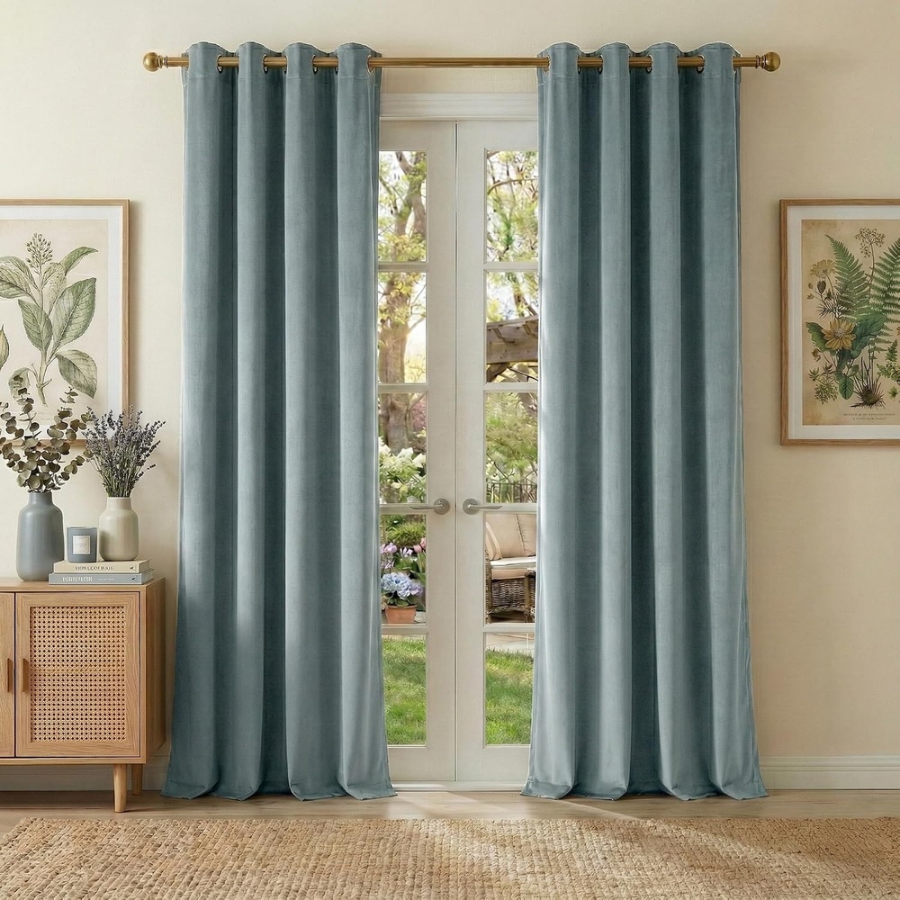 image:imageNICETOWN Gold Brown 90 inch Long Velvet Curtains amp Drapes 2 Panels100 Blackout  Stone Blue