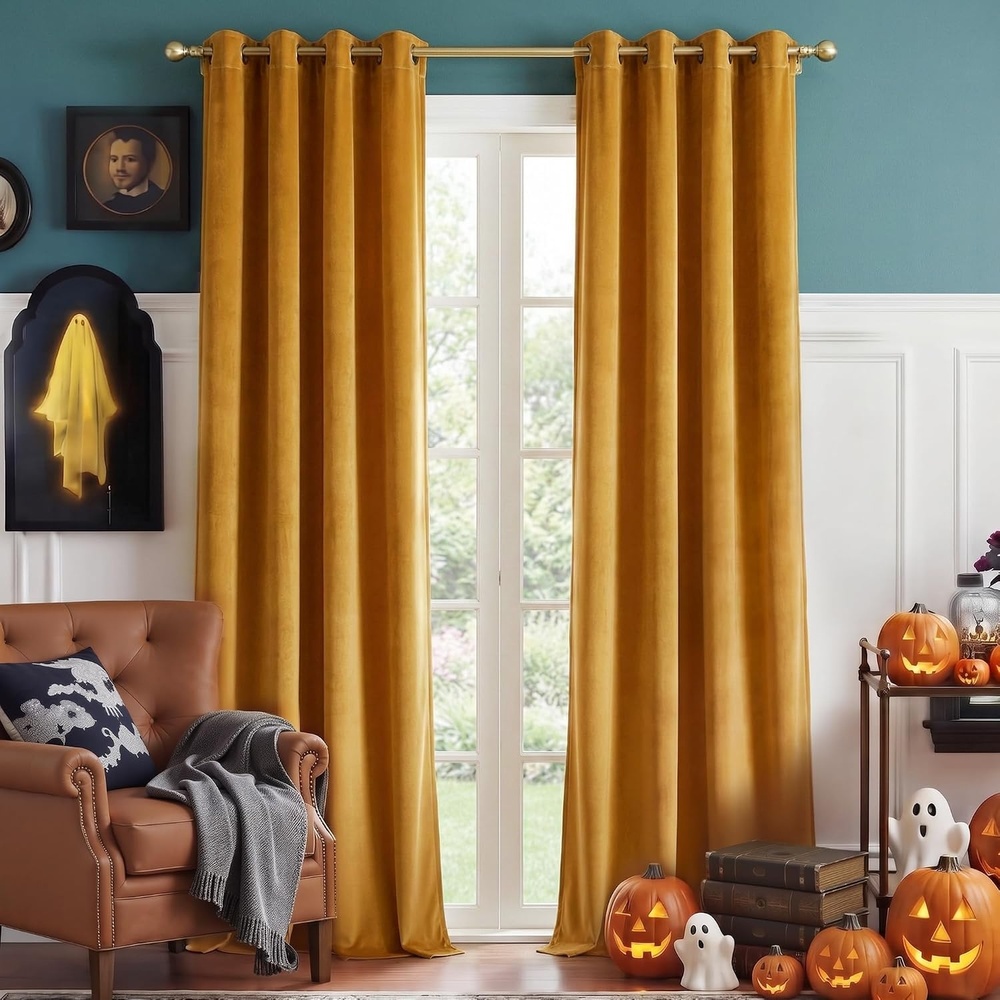 image:imageNICETOWN Gold Brown 90 inch Long Velvet Curtains amp Drapes 2 PanelsGold Brown
