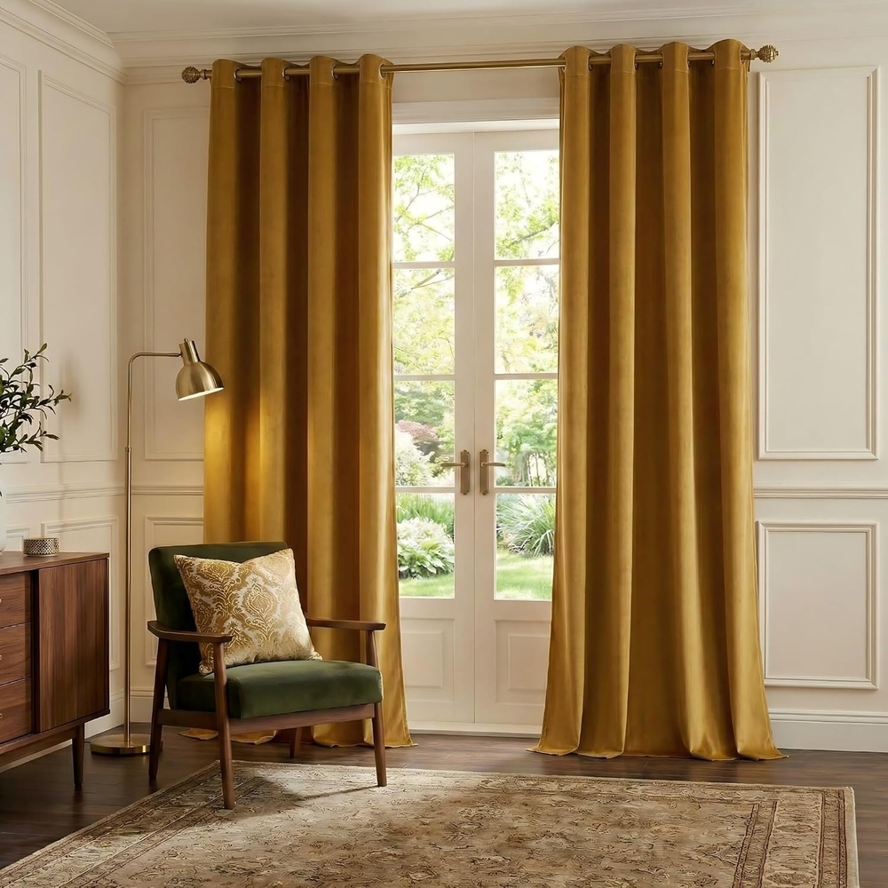 image:imageNICETOWN Gold Brown 90 inch Long Velvet Curtains amp Drapes 2 PanelsGolden Brown