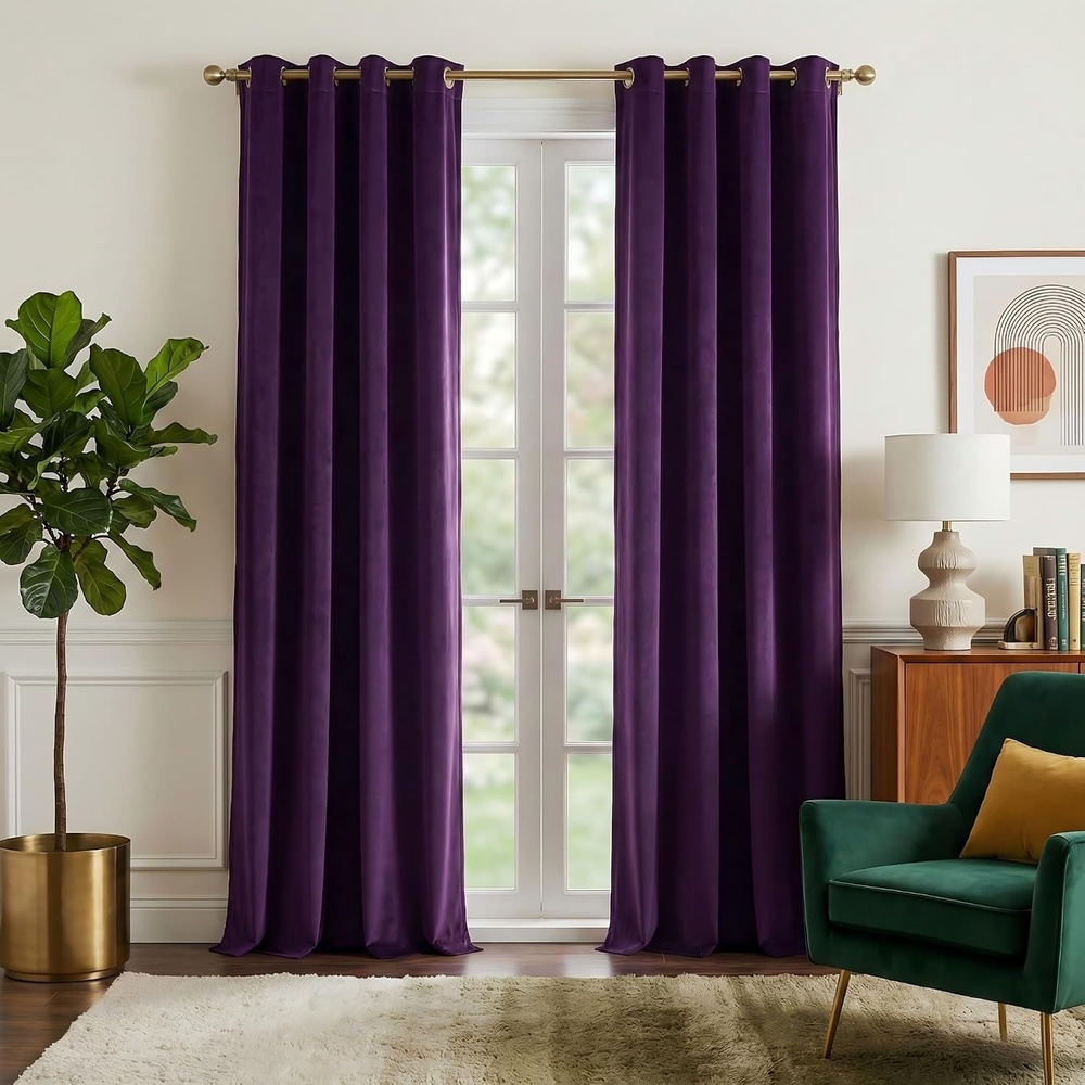 image:imageNICETOWN Gold Brown 90 inch Long Velvet Curtains amp Drapes 2 PanelsPurple