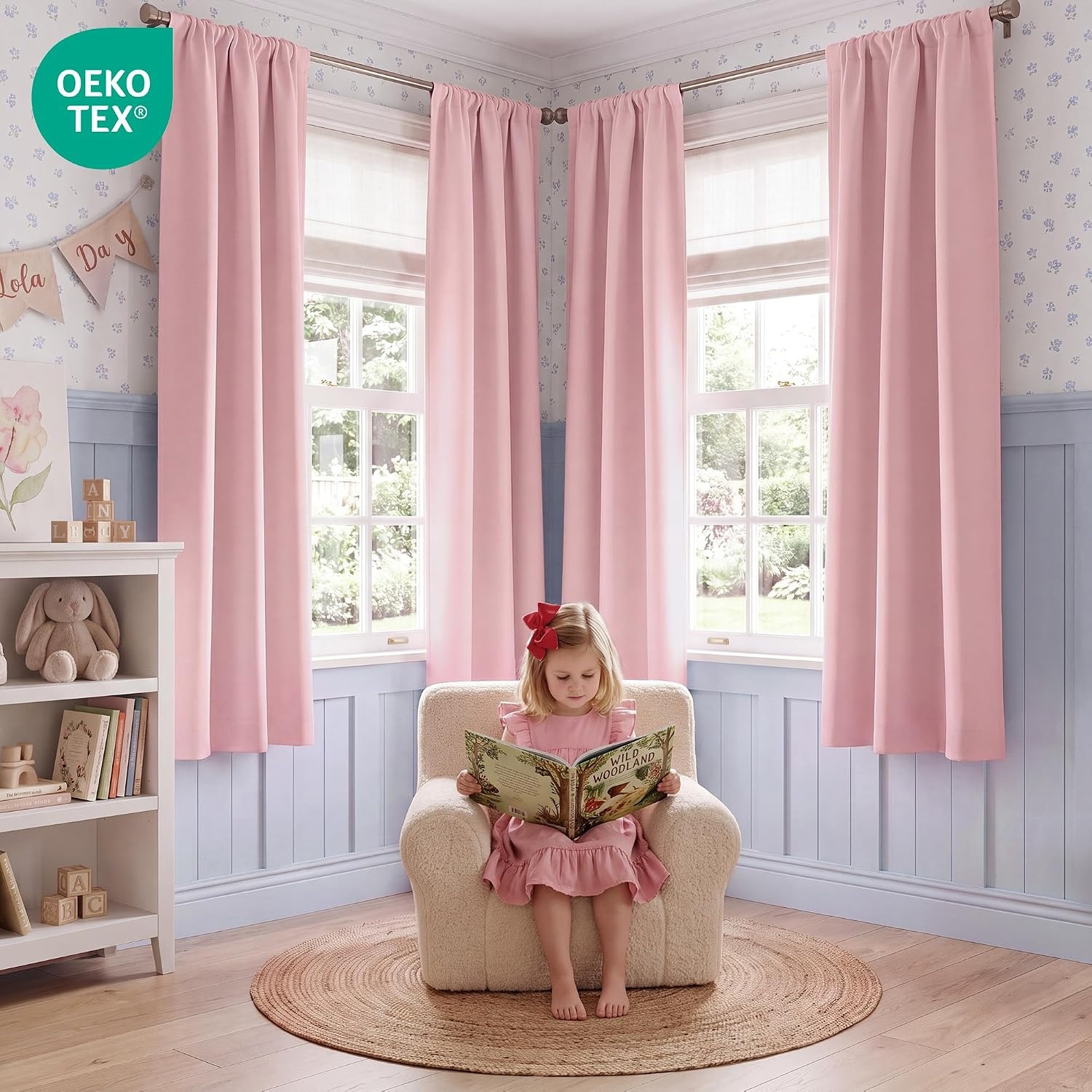 image:imageNICETOWN 4 Panels Stone Blue Blackout Curtains 63 inch Length for NurseryBlush Pink