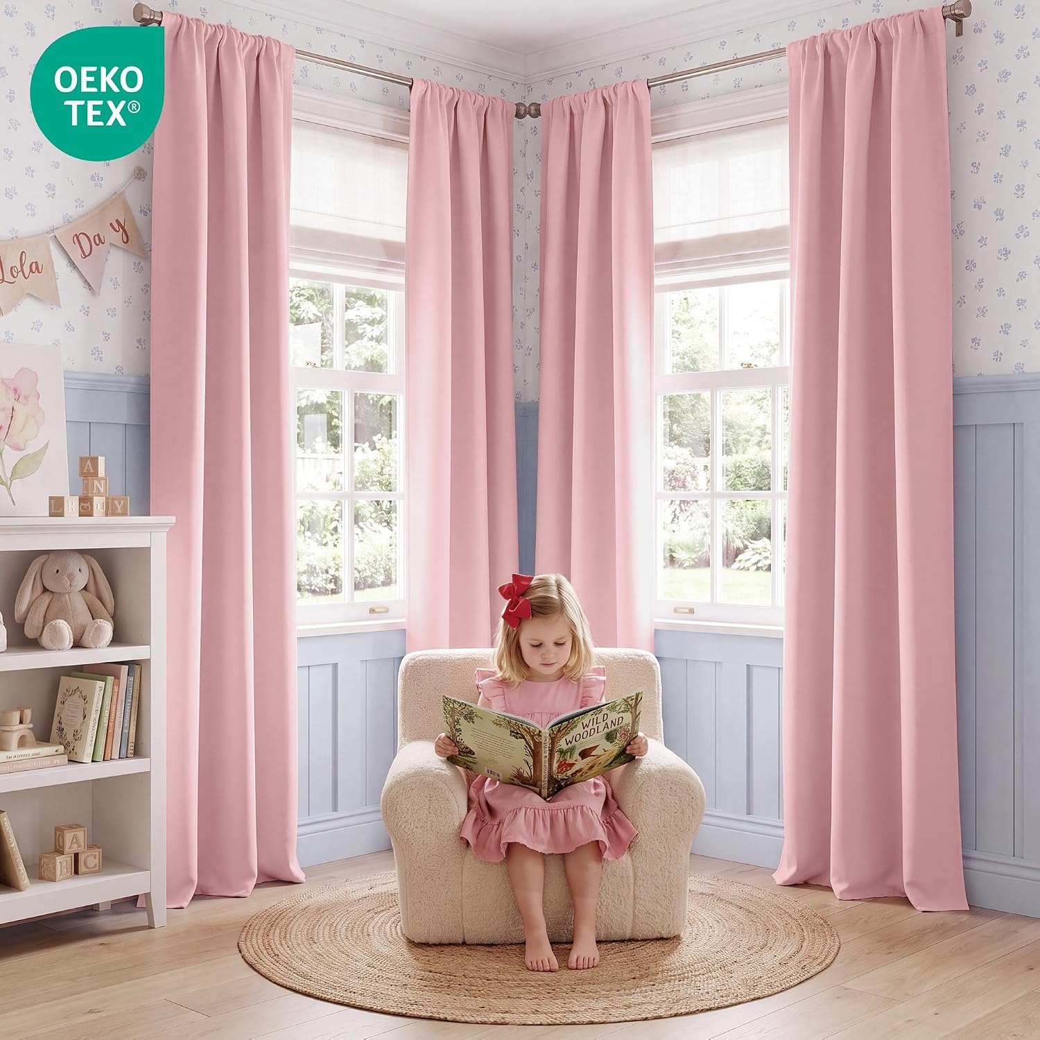 image:imageNICETOWN 4 Panels Stone Blue Blackout Curtains 63 inch Length for NurseryBlush Pink