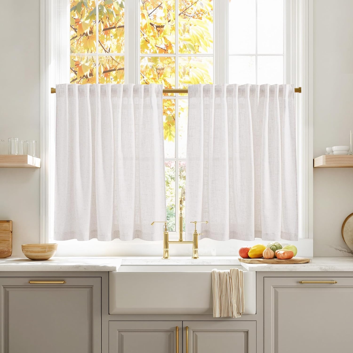 image:imageNICETOWN Natural Thick Linen Semi Sheer Kitchen Window Curtains with Blackout Kitchen Window Curtains W29 x L30 2 Panels