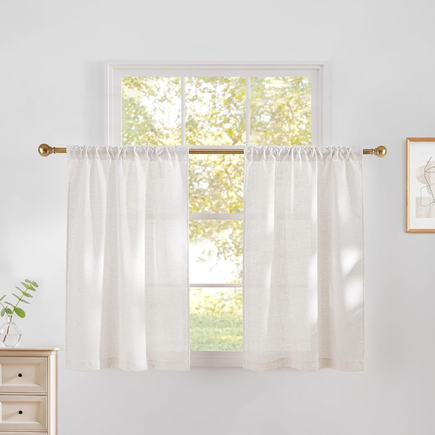 image:imageNICETOWN Natural Thick Linen Semi Sheer Kitchen Window Curtains with Blackout Kitchen Window Curtains W29 x L30 2 Panels