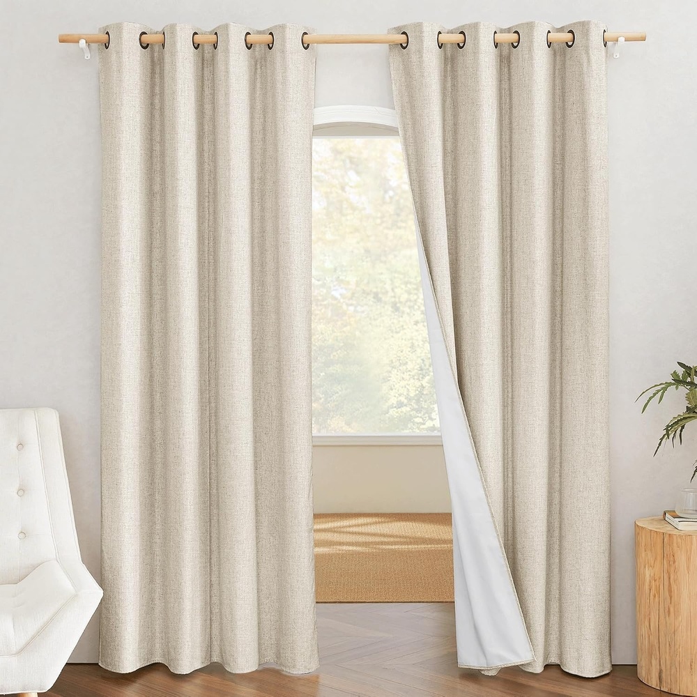 image:imageNICETOWN Natural 100 Blackout Linen Curtains 84 inch Long Burg for Living Room 2 Panels 52 Wide Farmhouse Thick Completely Blackout Window Treatment Thermal Insulated Warm Drapes for Winter