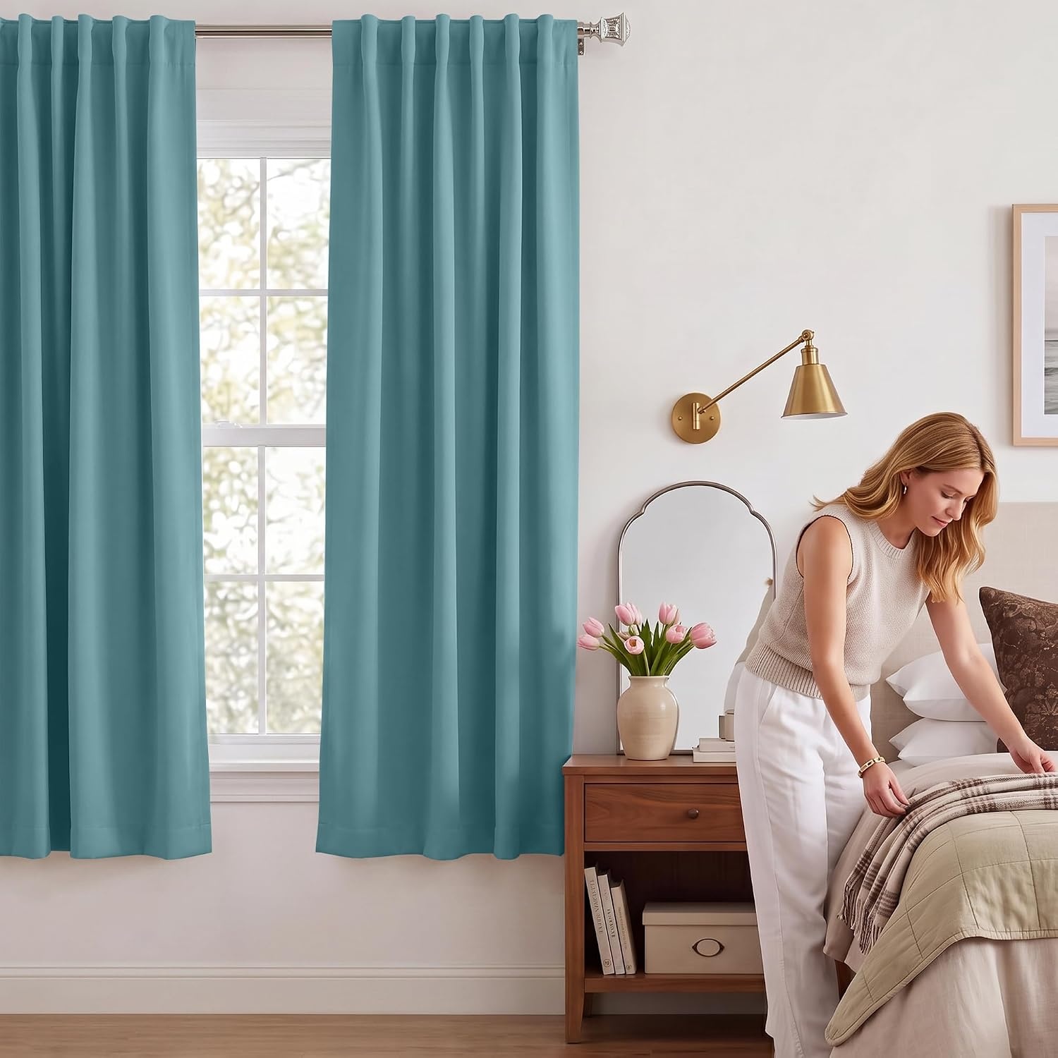 image:imageNICETOWN 100 Blackout Window Curtain Panels Cold and Full Light Blocking Drapes with Black Liner for Nursery 84 Inches Drop Thermal Insulated Draperies Pure White 2 Pieces 52 inches WideSea Teal