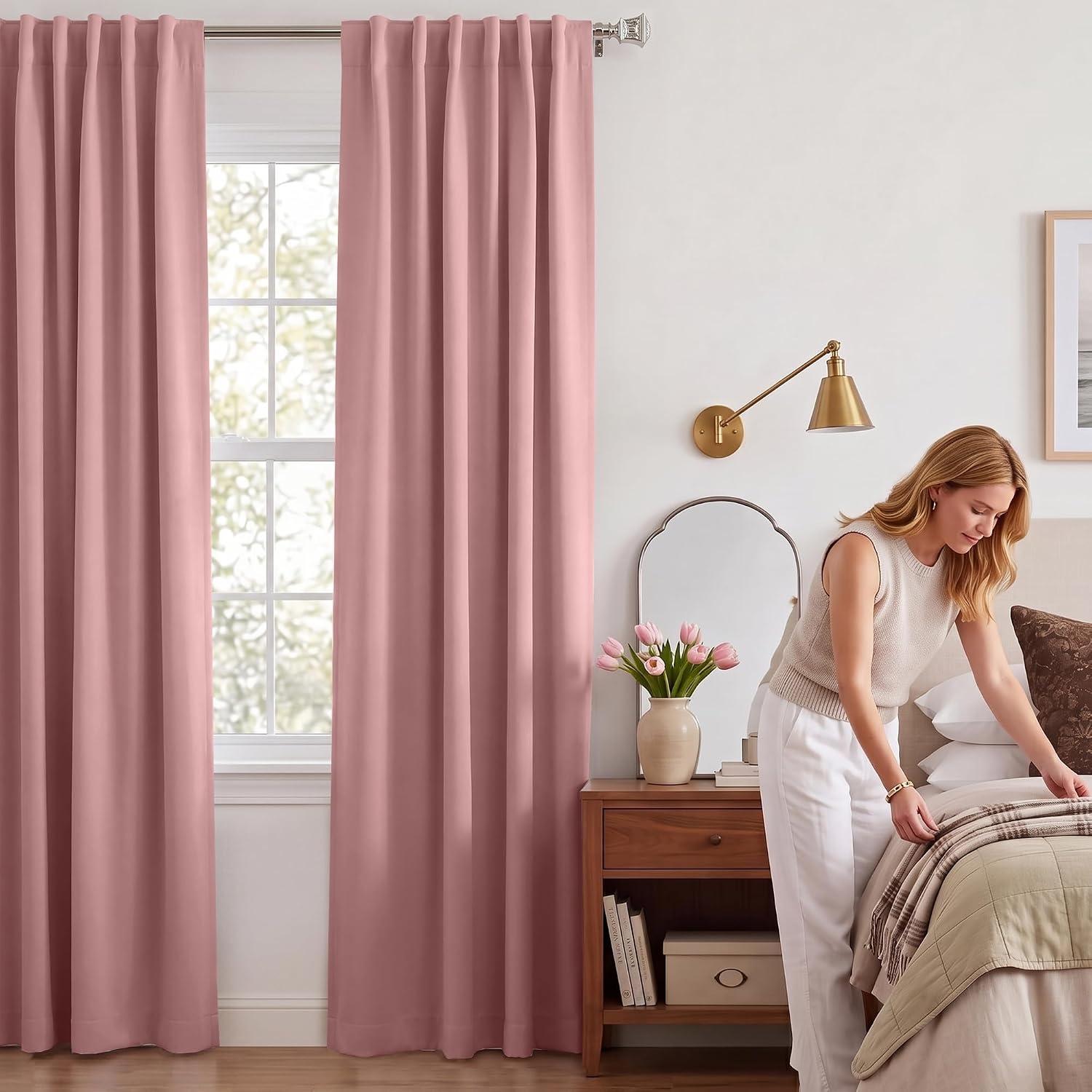 image:imageNICETOWN 100 Blackout Window Curtain Panels Cold and Full Light Blocking Drapes with Black Liner for Nursery 84 Inches Drop Thermal Insulated Draperies Pure White 2 Pieces 52 inches WideCrystal Pink