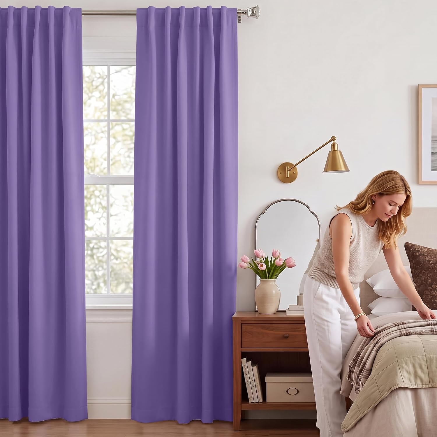 image:imageNICETOWN 100 Blackout Window Curtain Panels Cold and Full Light Blocking Drapes with Black Liner for Nursery 84 Inches Drop Thermal Insulated Draperies Pure White 2 Pieces 52 inches WideLilac Purple