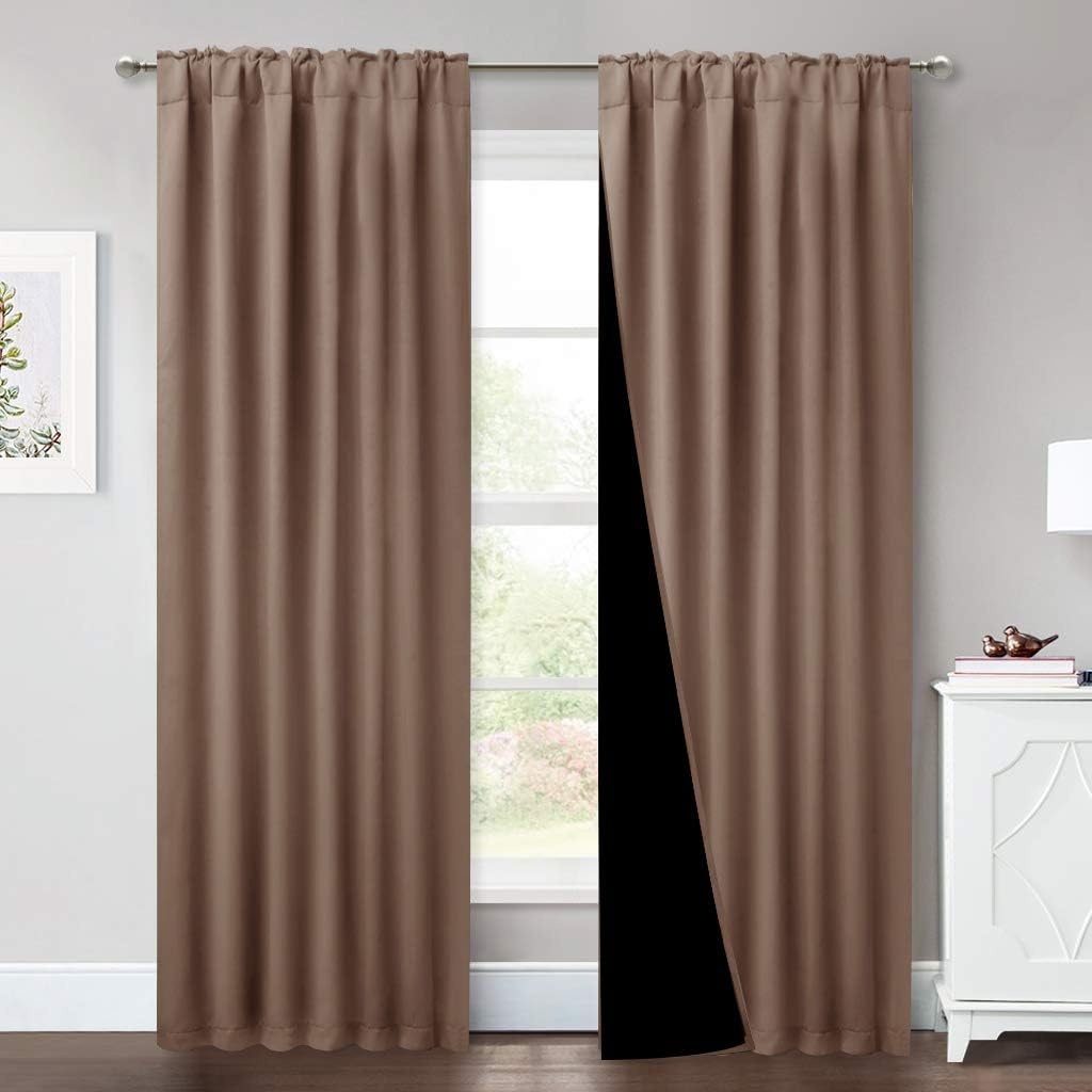 image:imageNICETOWN 100 Blackout Window Curtain Panels Cold and Full Light Blocking Drapes with Black Liner for Nursery 84 Inches Drop Thermal Insulated Draperies Pure White 2 Pieces 52 inches WideCappuccino
