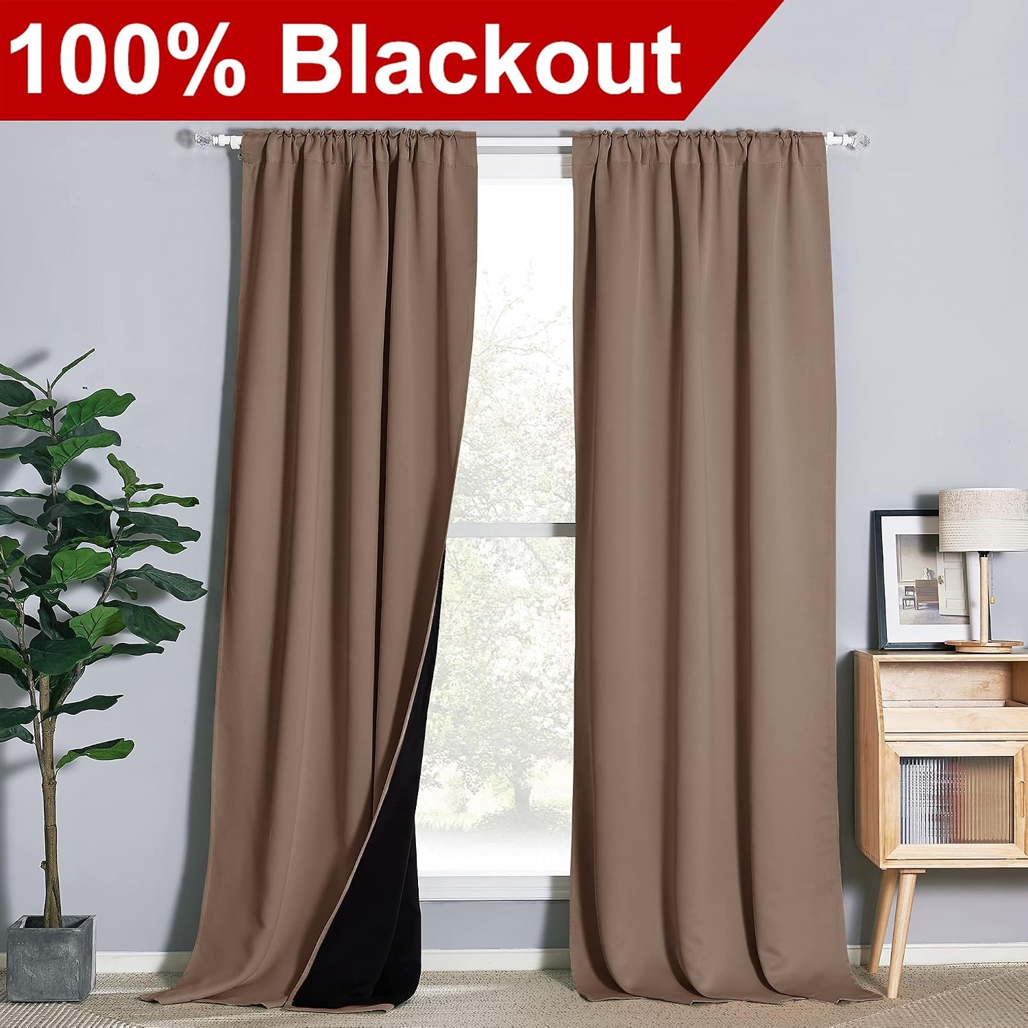 image:imageNICETOWN 100 Blackout Window Curtain Panels Cold and Full Light Blocking Drapes with Black Liner for Nursery 84 Inches Drop Thermal Insulated Draperies Pure White 2 Pieces 52 inches WideCappuccino