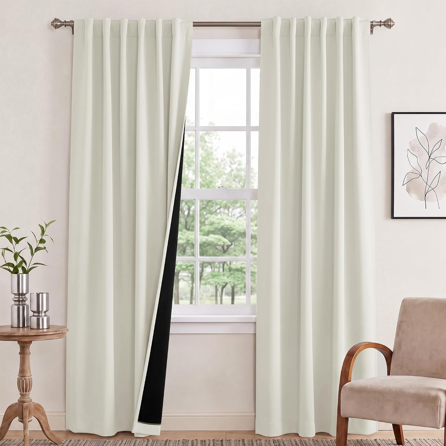 image:imageNICETOWN 100 Blackout Window Curtain Panels Cold and Full Light Blocking Drapes with Black Liner for Nursery 84 Inches Drop Thermal Insulated Draperies Pure White 2 Pieces 52 inches WideIvory