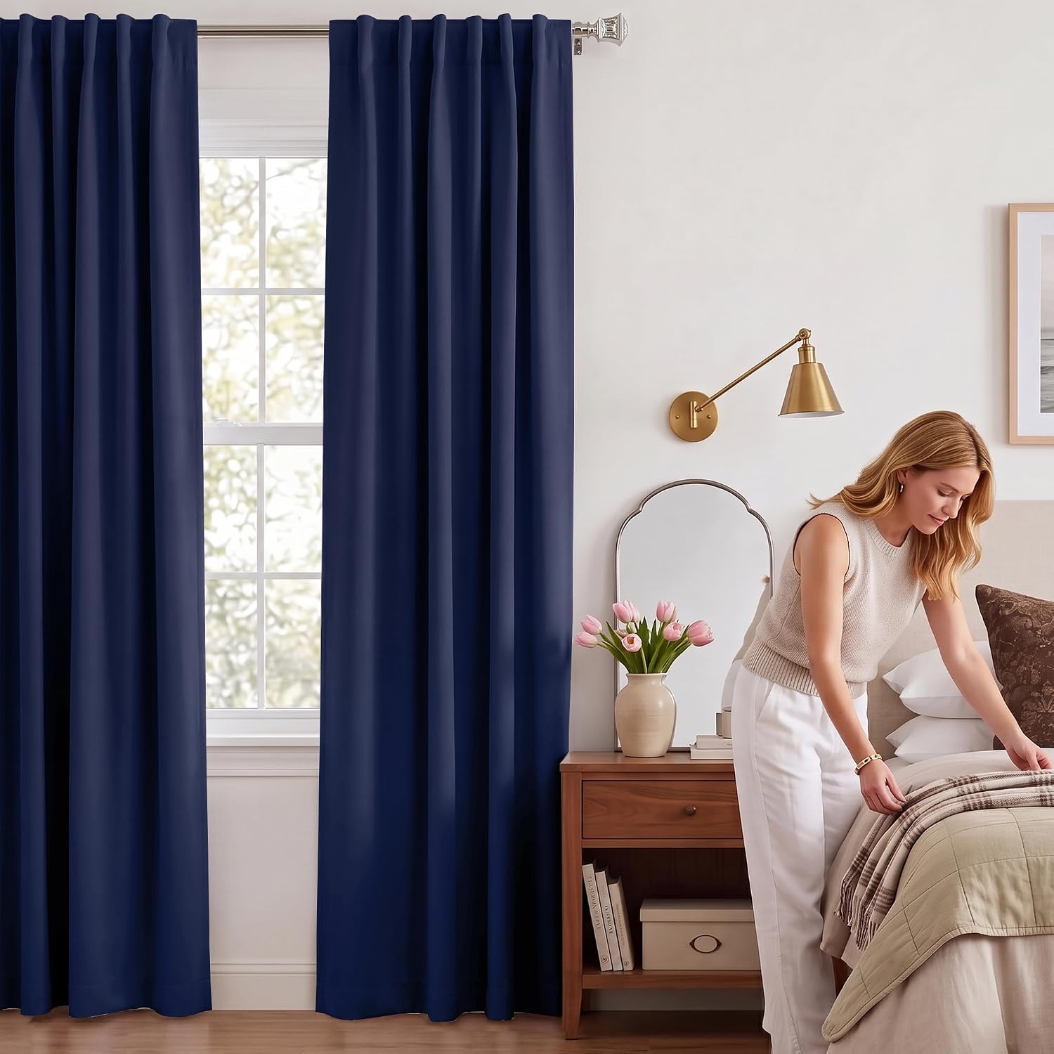 image:imageNICETOWN 100 Blackout Window Curtain Panels Cold and Full Light Blocking Drapes with Black Liner for Nursery 84 Inches Drop Thermal Insulated Draperies Pure White 2 Pieces 52 inches WideNavy Blue