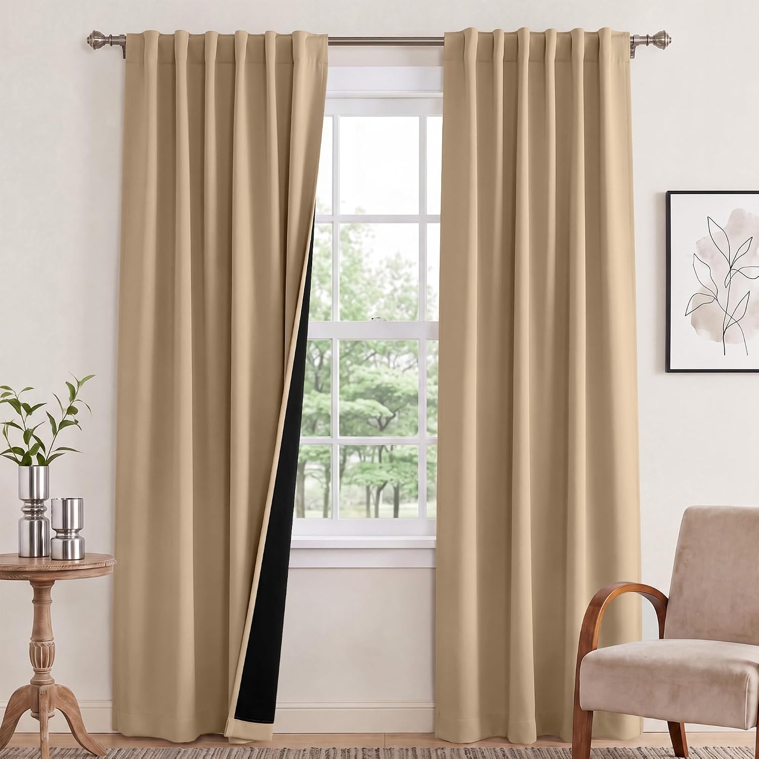 image:imageNICETOWN 100 Blackout Window Curtain Panels Cold and Full Light Blocking Drapes with Black Liner for Nursery 84 Inches Drop Thermal Insulated Draperies Pure White 2 Pieces 52 inches WideBiscotti Beige