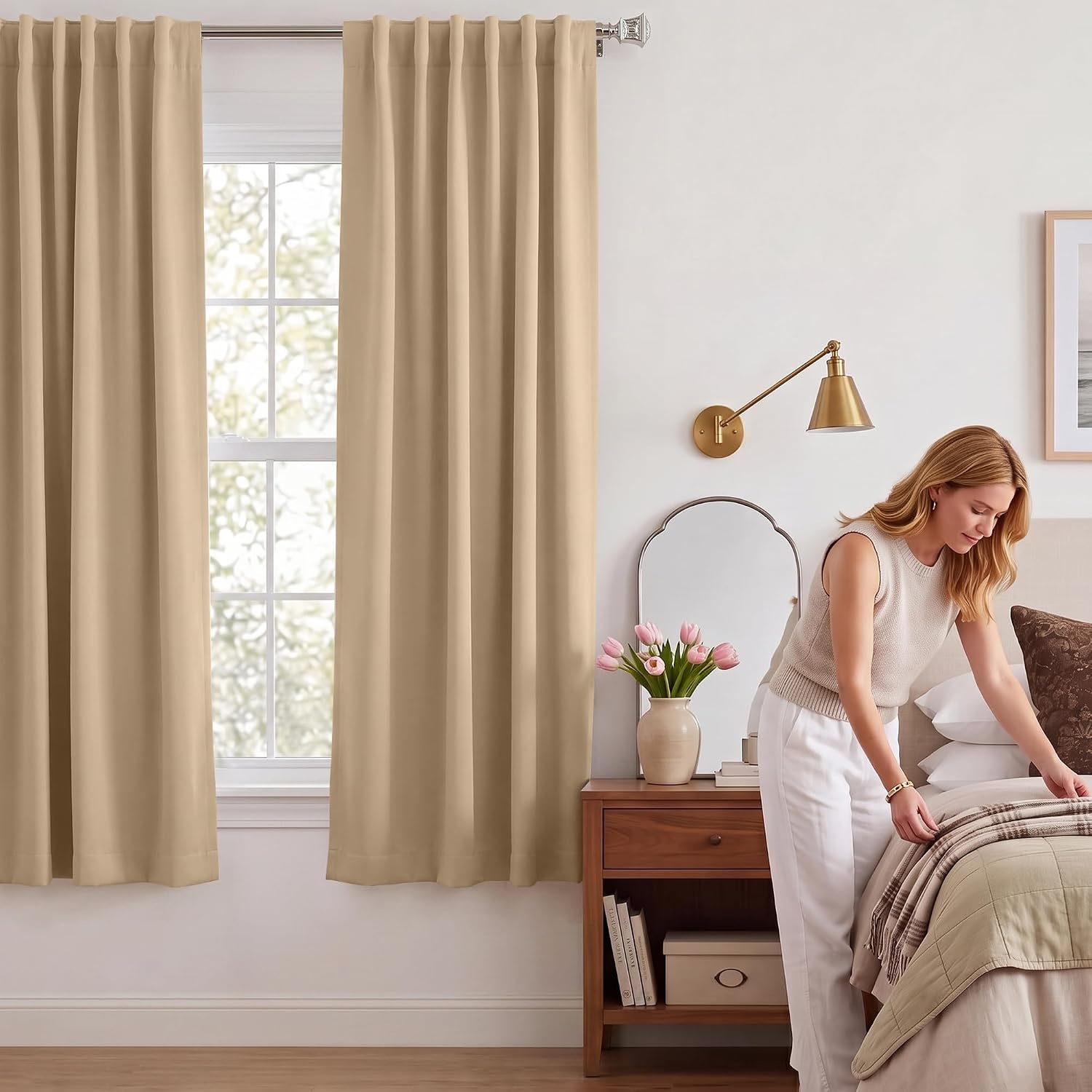 image:imageNICETOWN 100 Blackout Window Curtain Panels Cold and Full Light Blocking Drapes with Black Liner for Nursery 84 Inches Drop Thermal Insulated Draperies Pure White 2 Pieces 52 inches WideBiscotti Beige