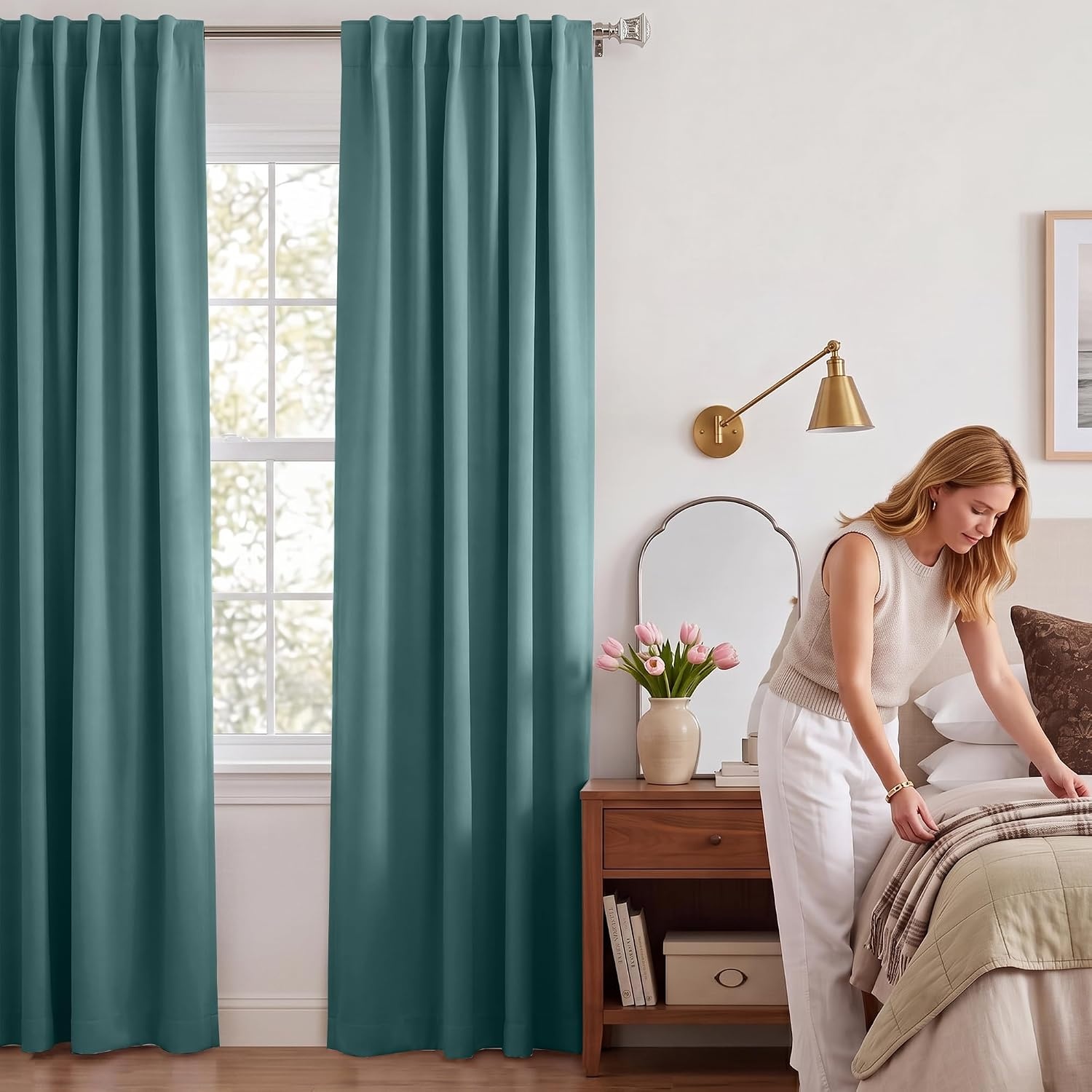 image:imageNICETOWN 100 Blackout Window Curtain Panels Cold and Full Light Blocking Drapes with Black Liner for Nursery 84 Inches Drop Thermal Insulated Draperies Pure White 2 Pieces 52 inches WideGreyish Blue