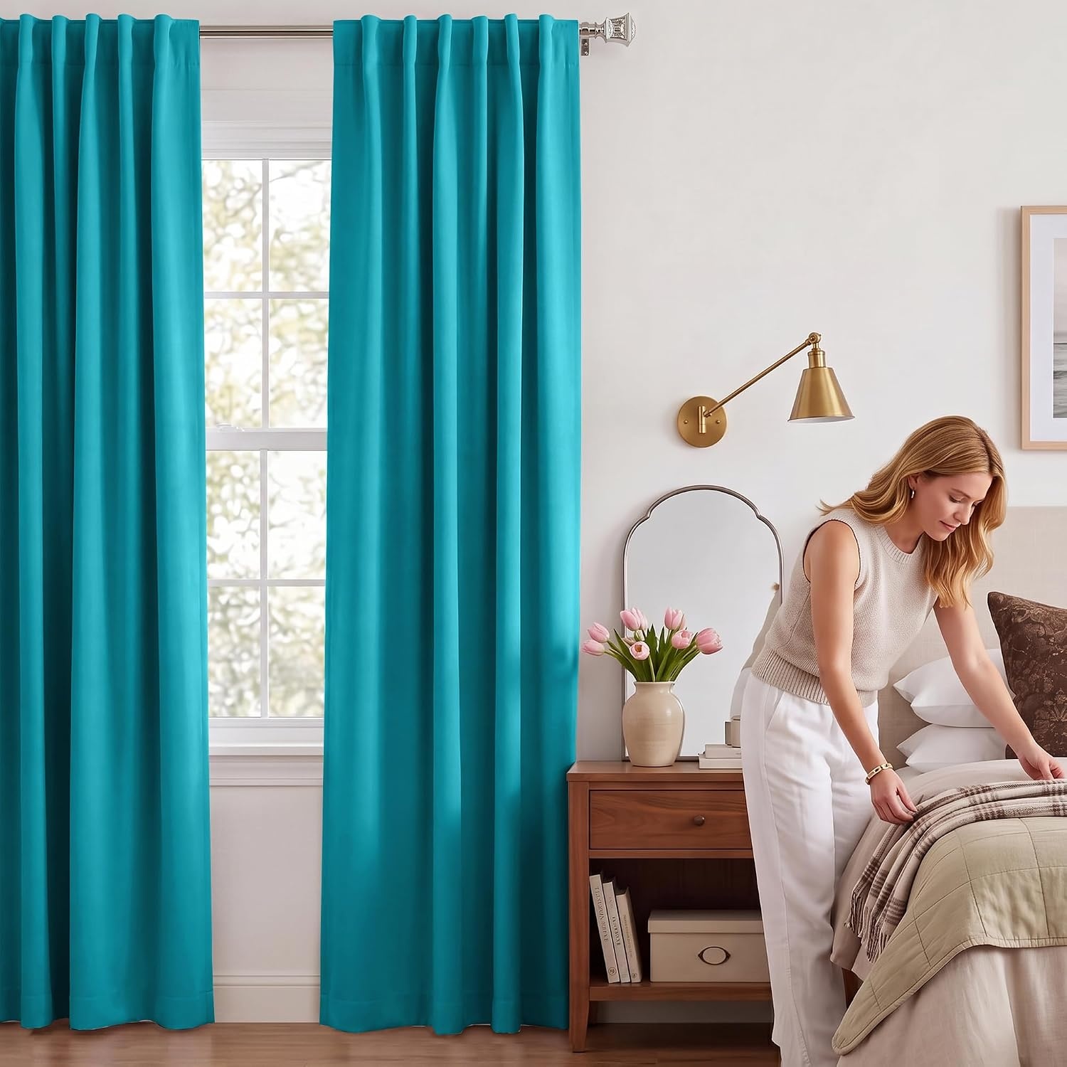 image:imageNICETOWN 100 Blackout Window Curtain Panels Cold and Full Light Blocking Drapes with Black Liner for Nursery 84 Inches Drop Thermal Insulated Draperies Pure White 2 Pieces 52 inches WidePeacock Teal