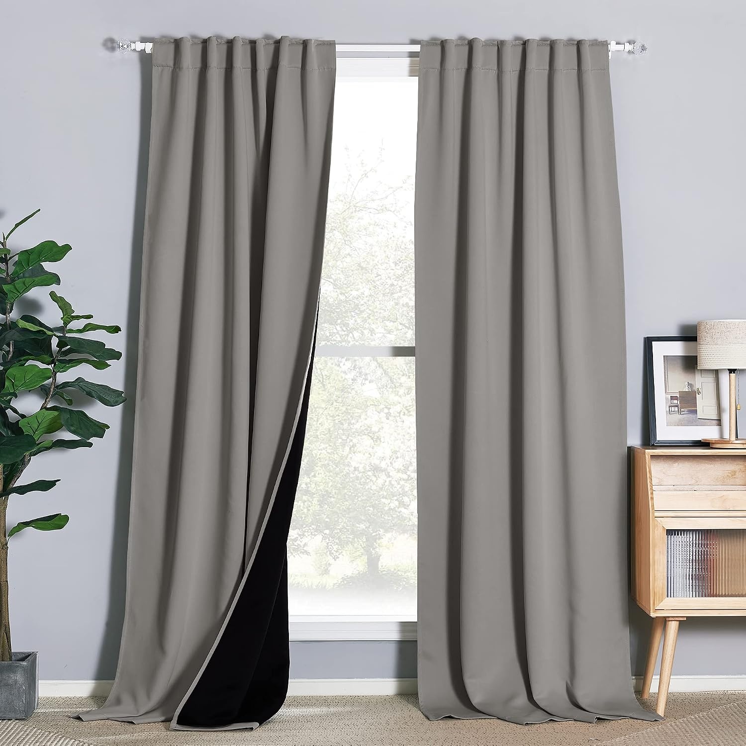image:imageNICETOWN 100 Blackout Window Curtain Panels Cold and Full Light Blocking Drapes with Black Liner for Nursery 84 Inches Drop Thermal Insulated Draperies Pure White 2 Pieces 52 inches WideSilver Grey