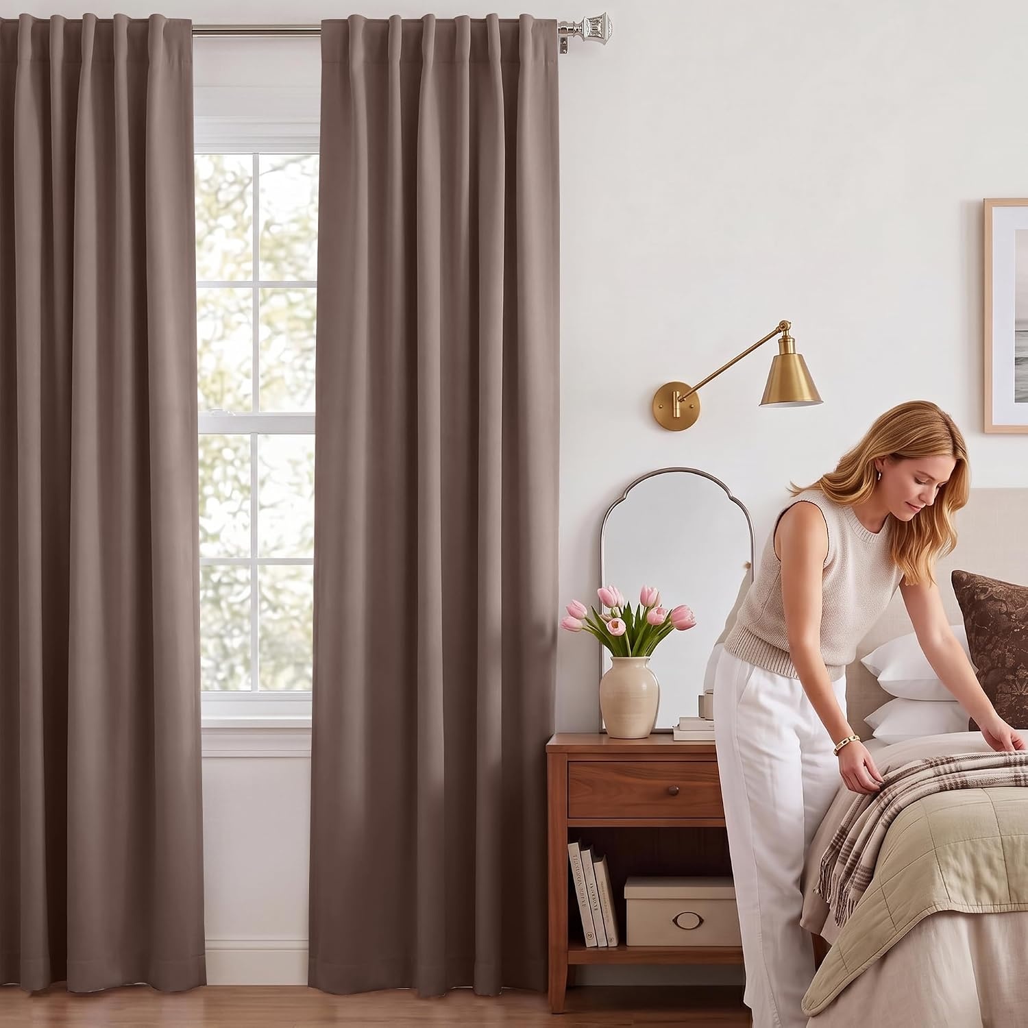 image:imageNICETOWN 100 Blackout Window Curtain Panels Cold and Full Light Blocking Drapes with Black Liner for Nursery 84 Inches Drop Thermal Insulated Draperies Pure White 2 Pieces 52 inches WideCappuccino