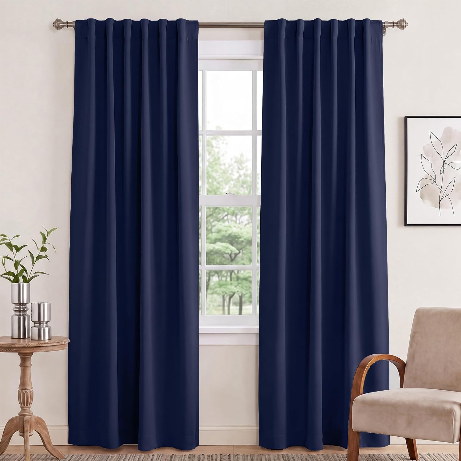 image:imageNICETOWN 100 Blackout Window Curtain Panels Cold and Full Light Blocking Drapes with Black Liner for Nursery 84 Inches Drop Thermal Insulated Draperies Pure White 2 Pieces 52 inches WideNavy Blue