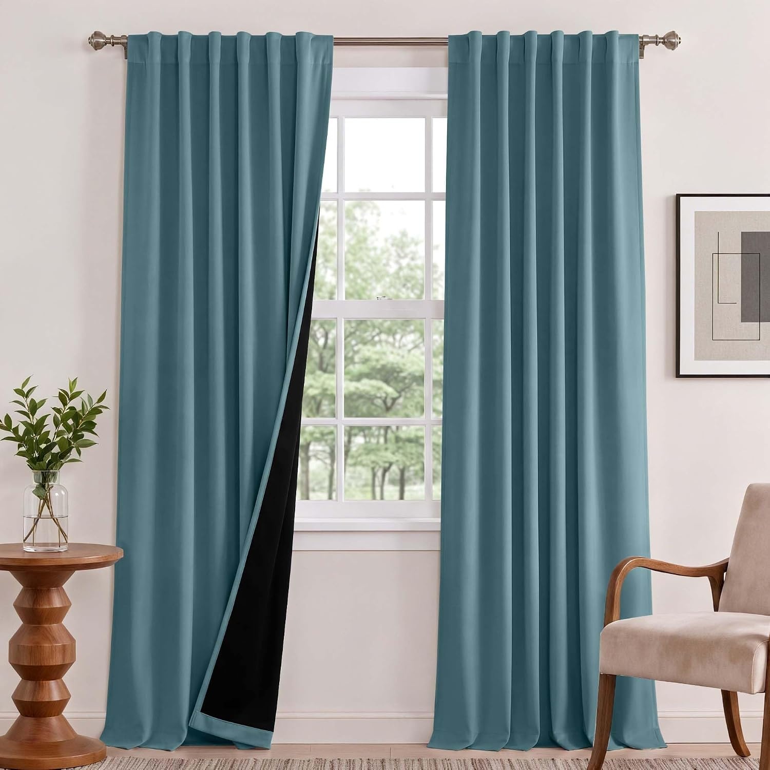 image:imageNICETOWN 100 Blackout Window Curtain Panels Cold and Full Light Blocking Drapes with Black Liner for Nursery 84 Inches Drop Thermal Insulated Draperies Pure White 2 Pieces 52 inches WideSea Teal