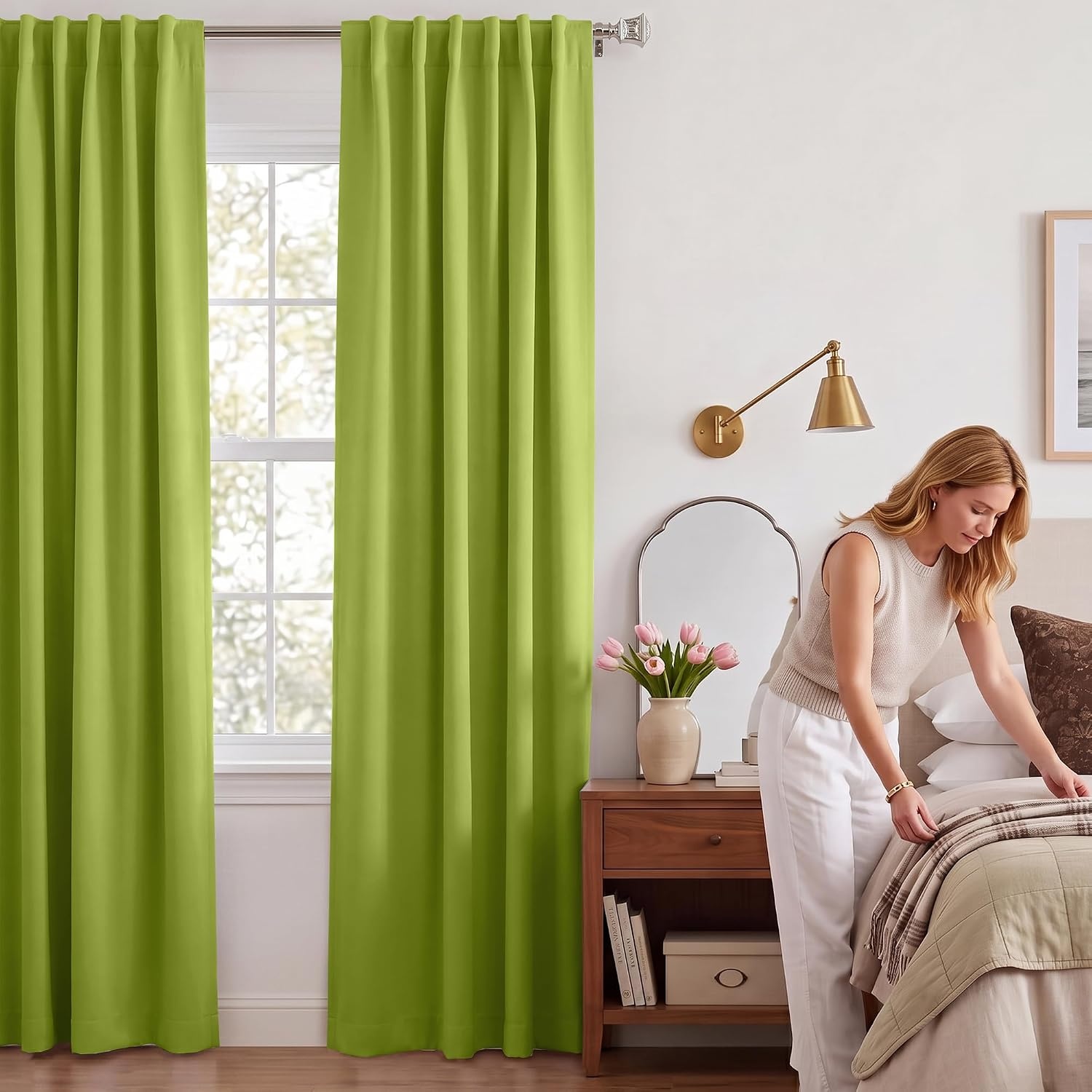 image:imageNICETOWN 100 Blackout Window Curtain Panels Cold and Full Light Blocking Drapes with Black Liner for Nursery 84 Inches Drop Thermal Insulated Draperies Pure White 2 Pieces 52 inches WideFresh Green