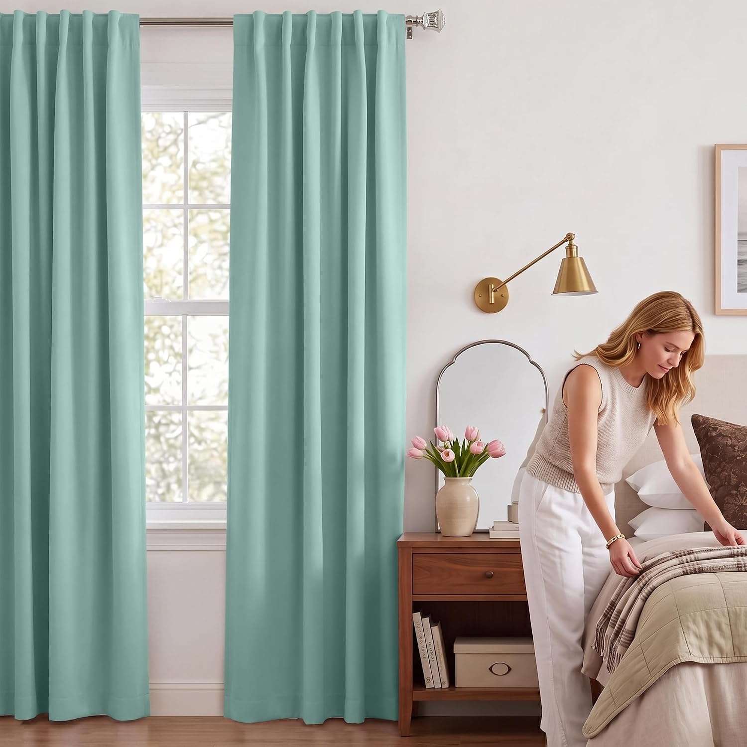 image:imageNICETOWN 100 Blackout Window Curtain Panels Cold and Full Light Blocking Drapes with Black Liner for Nursery 84 Inches Drop Thermal Insulated Draperies Pure White 2 Pieces 52 inches WideAqua Blue