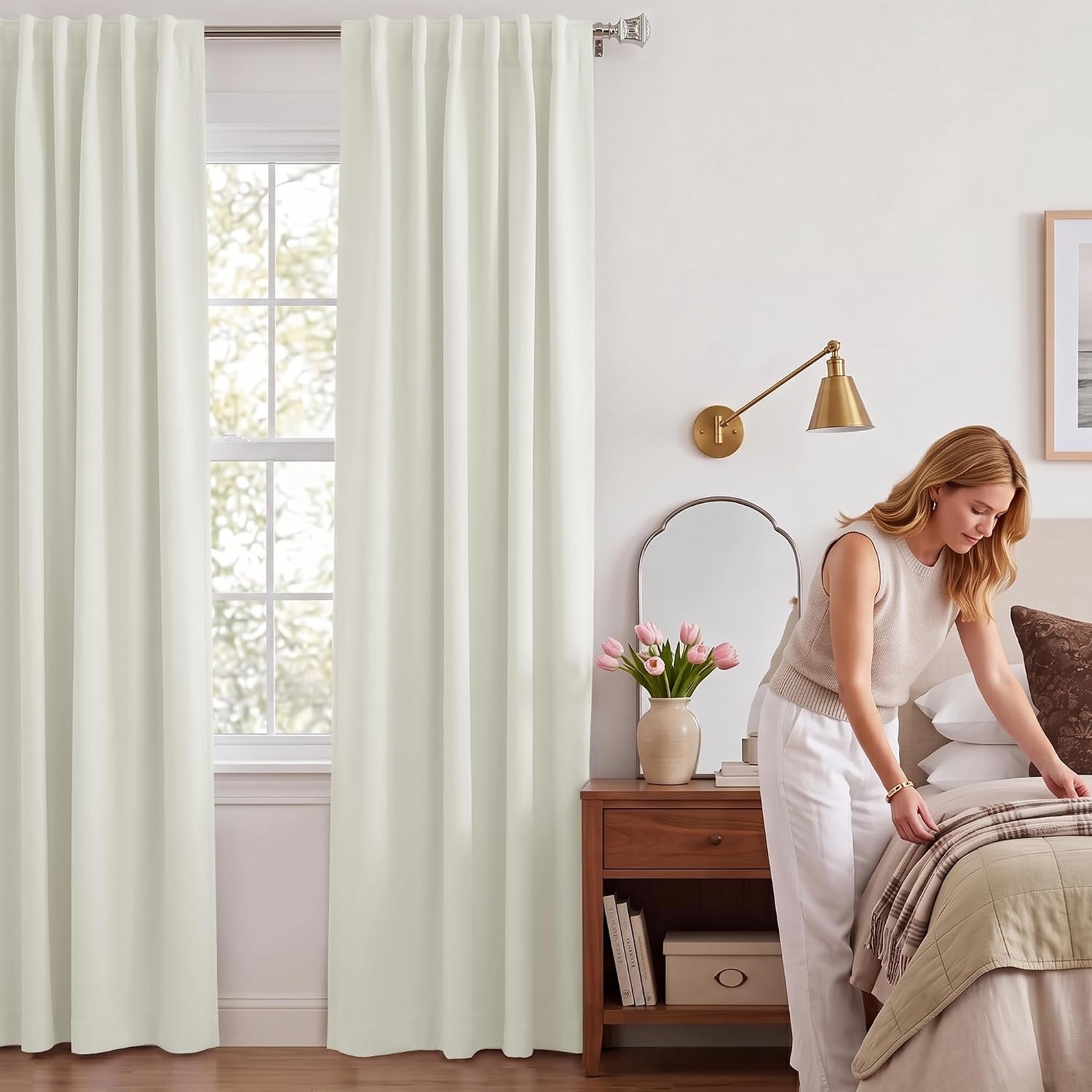 image:imageNICETOWN 100 Blackout Window Curtain Panels Cold and Full Light Blocking Drapes with Black Liner for Nursery 84 Inches Drop Thermal Insulated Draperies Pure White 2 Pieces 52 inches WideIvory