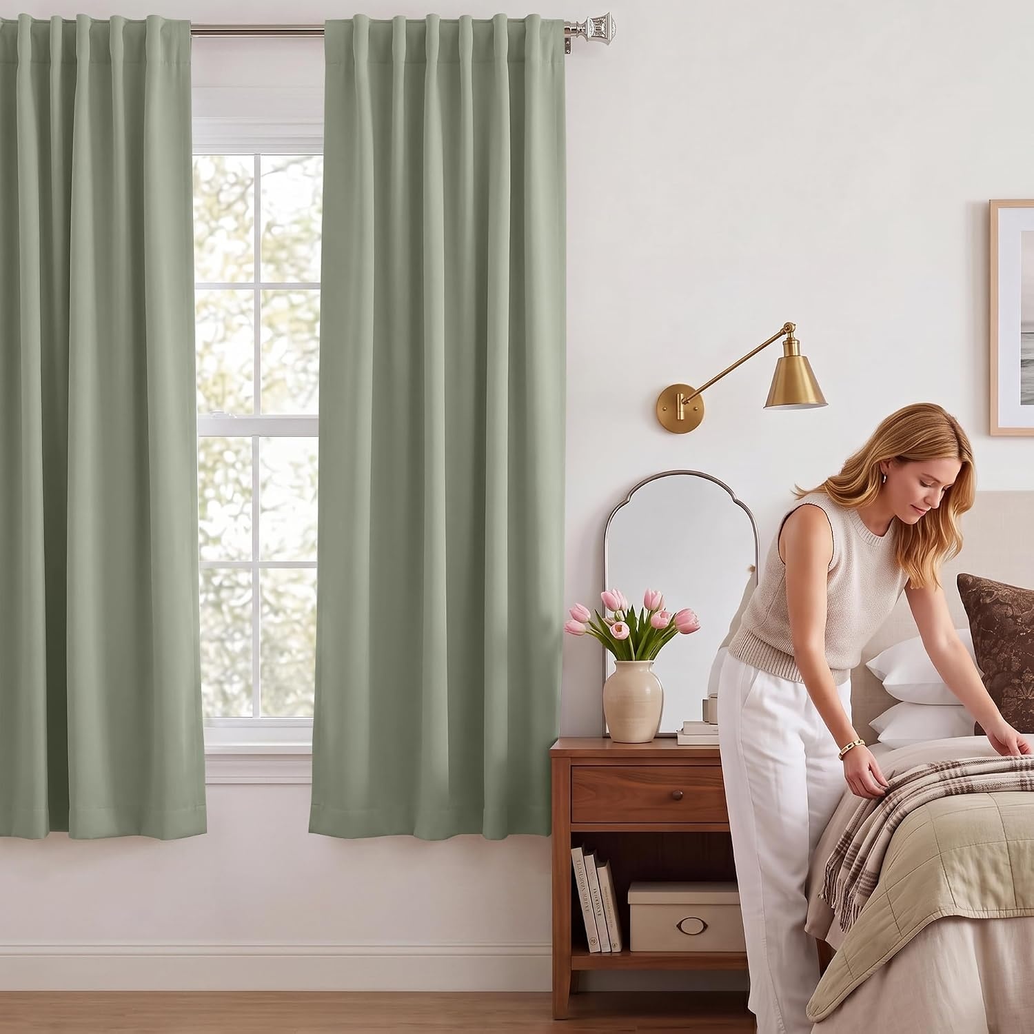 image:imageNICETOWN 100 Blackout Window Curtain Panels Cold and Full Light Blocking Drapes with Black Liner for Nursery 84 Inches Drop Thermal Insulated Draperies Pure White 2 Pieces 52 inches WideSage Green