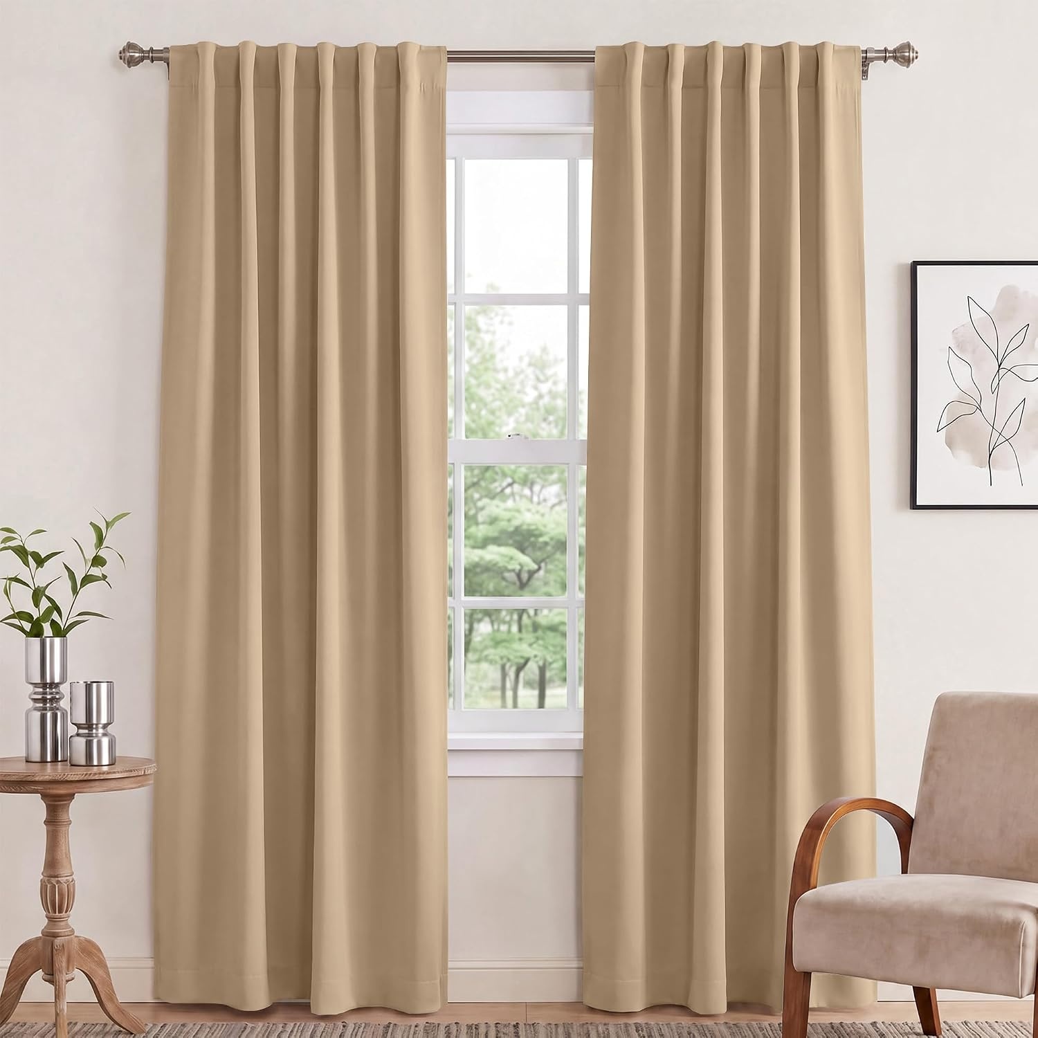 image:imageNICETOWN 100 Blackout Window Curtain Panels Cold and Full Light Blocking Drapes with Black Liner for Nursery 84 Inches Drop Thermal Insulated Draperies Pure White 2 Pieces 52 inches WideBiscotti Beige