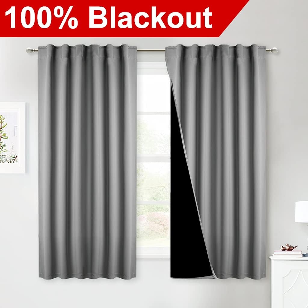image:imageNICETOWN 100 Blackout Window Curtain Panels Cold and Full Light Blocking Drapes with Black Liner for Nursery 84 Inches Drop Thermal Insulated Draperies Pure White 2 Pieces 52 inches WideSilver Grey