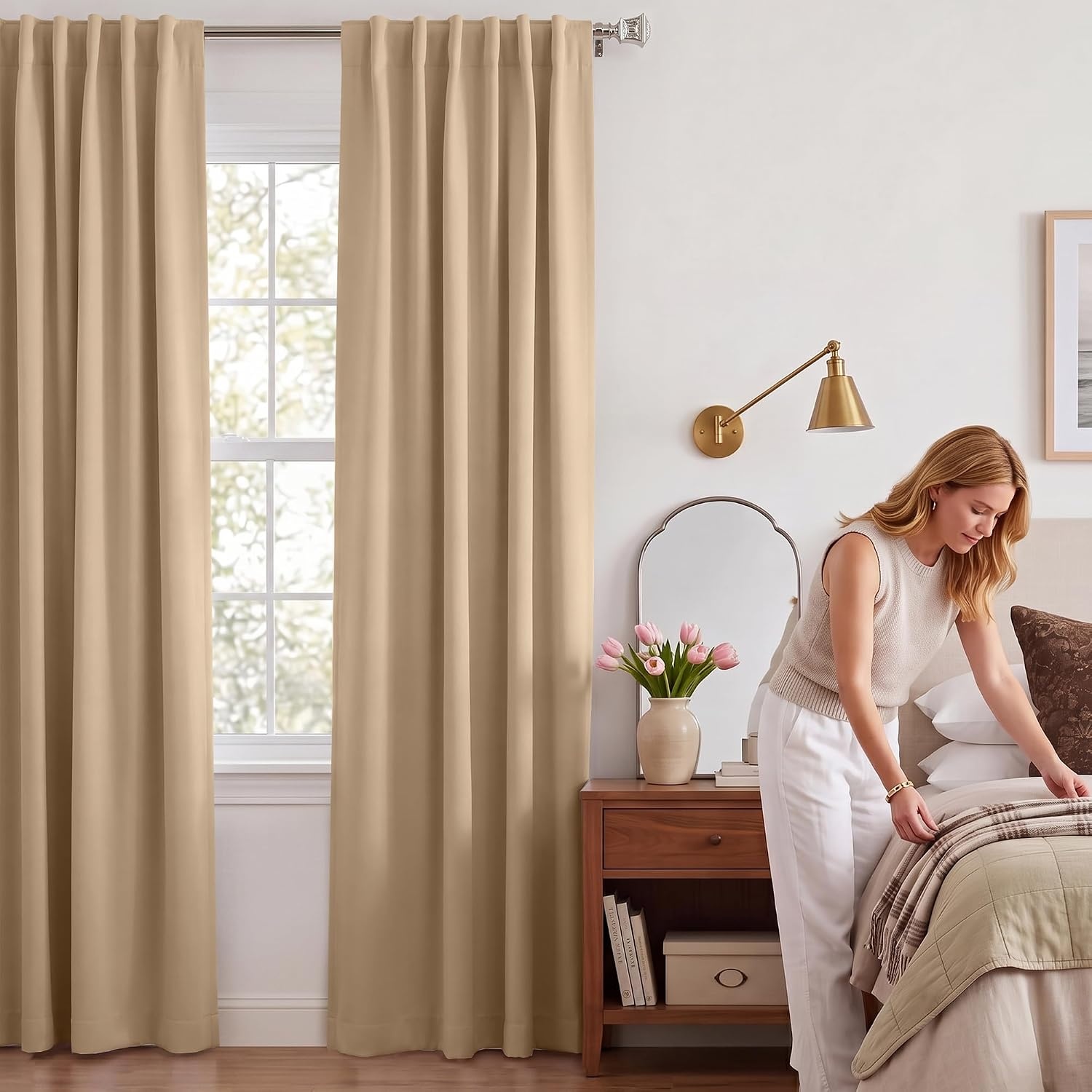 image:imageNICETOWN 100 Blackout Window Curtain Panels Cold and Full Light Blocking Drapes with Black Liner for Nursery 84 Inches Drop Thermal Insulated Draperies Pure White 2 Pieces 52 inches WideBiscotti Beige