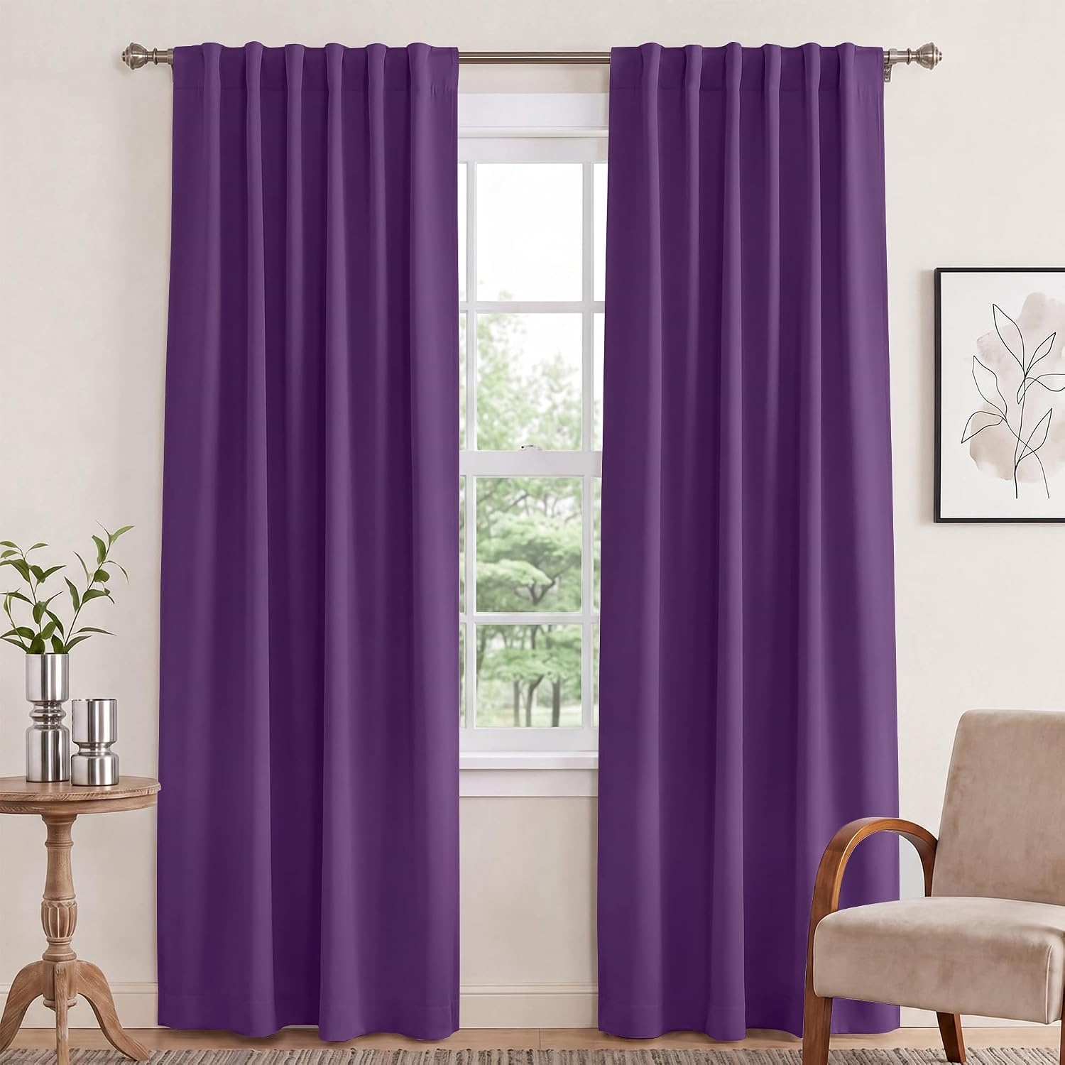 image:imageNICETOWN 100 Blackout Window Curtain Panels Cold and Full Light Blocking Drapes with Black Liner for Nursery 84 Inches Drop Thermal Insulated Draperies Pure White 2 Pieces 52 inches WideRoyal Purple