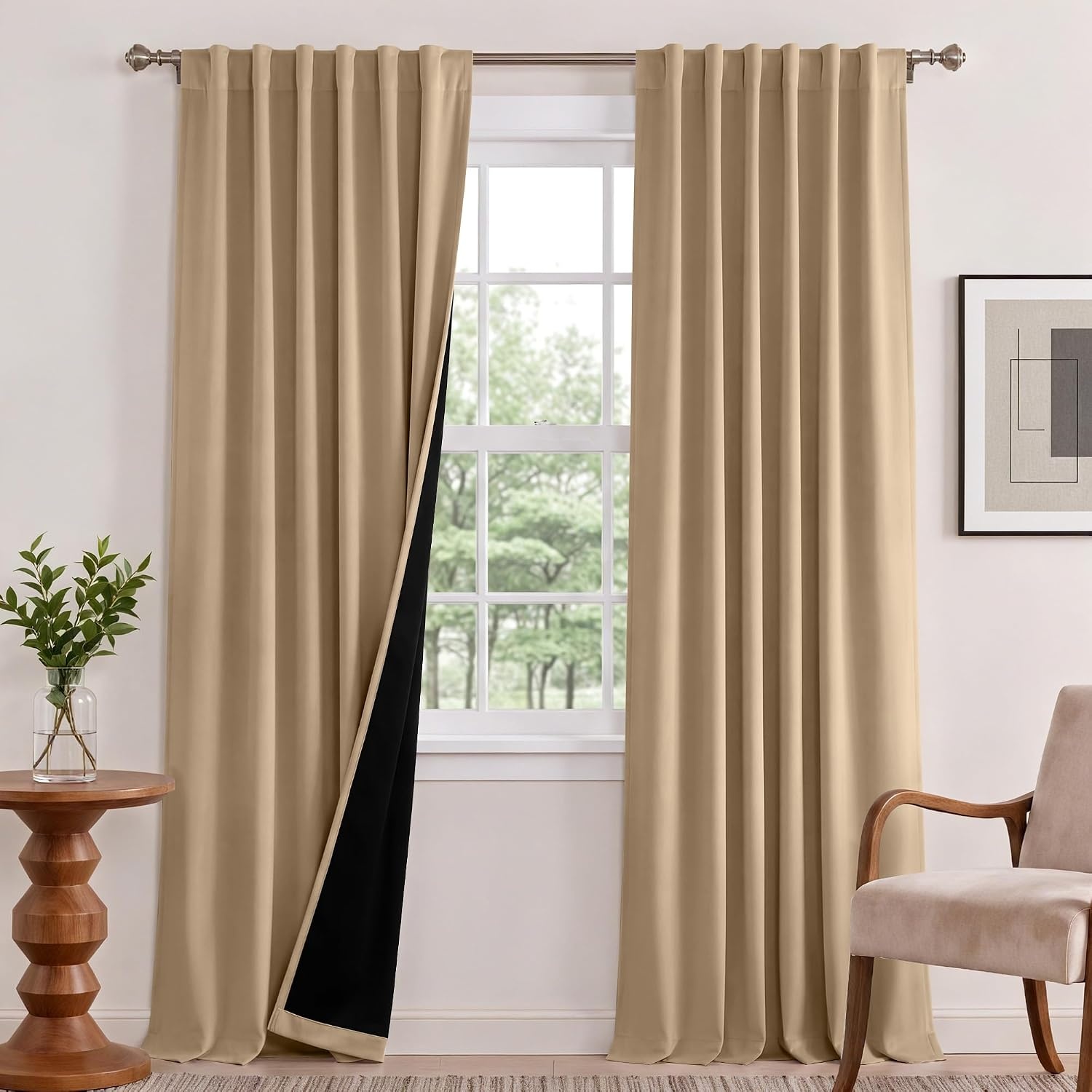 image:imageNICETOWN 100 Blackout Window Curtain Panels Cold and Full Light Blocking Drapes with Black Liner for Nursery 84 Inches Drop Thermal Insulated Draperies Pure White 2 Pieces 52 inches WideBiscotti Beige