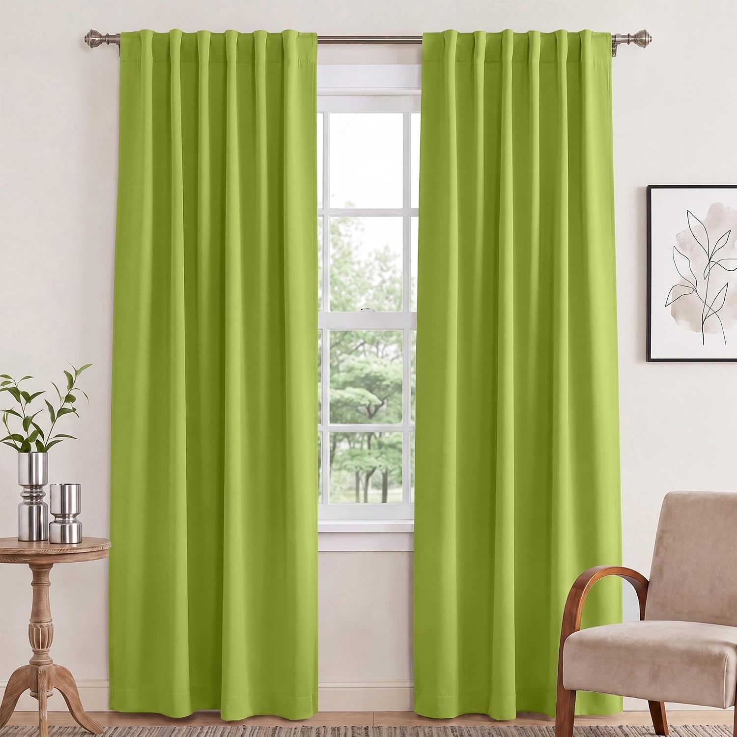 image:imageNICETOWN 100 Blackout Window Curtain Panels Cold and Full Light Blocking Drapes with Black Liner for Nursery 84 Inches Drop Thermal Insulated Draperies Pure White 2 Pieces 52 inches WideFresh Green
