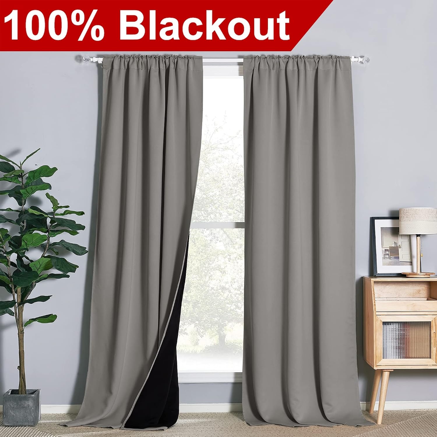 image:imageNICETOWN 100 Blackout Window Curtain Panels Cold and Full Light Blocking Drapes with Black Liner for Nursery 84 Inches Drop Thermal Insulated Draperies Pure White 2 Pieces 52 inches WideSilver Grey